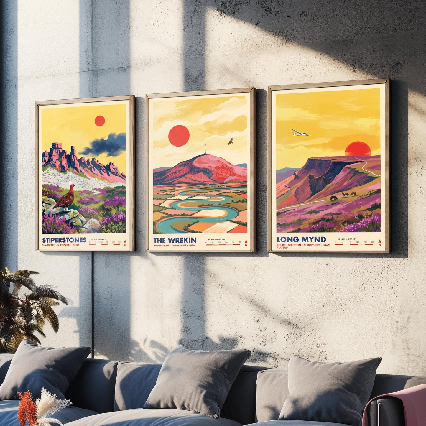Shropshire Hills Set of Three Art Prints - Stiperstones, The Wrekin, Long Mynd - England Mountain Travel Posters - Painting