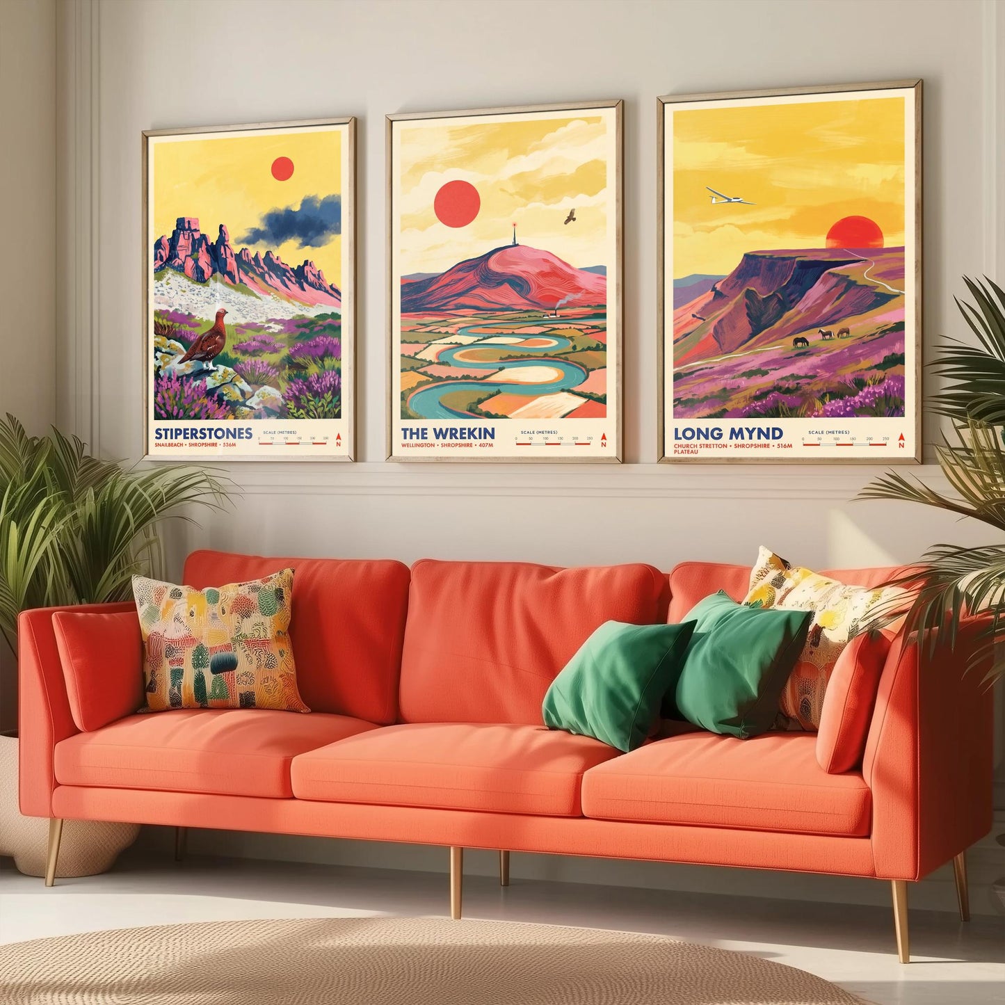 Shropshire Hills Set of Three Art Prints - Stiperstones, The Wrekin, Long Mynd - England Mountain Travel Posters - Painting