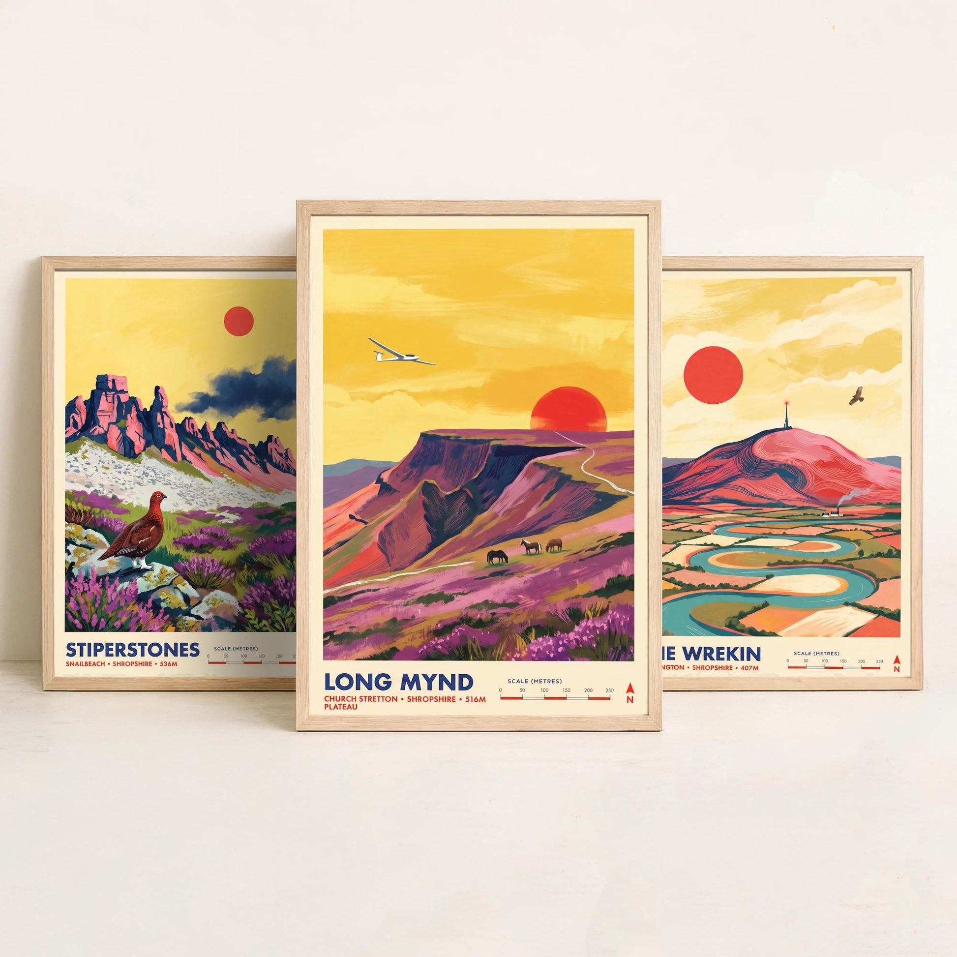 Shropshire Hills Set of Three Art Prints - Stiperstones, The Wrekin, Long Mynd - England Mountain Travel Posters - Painting