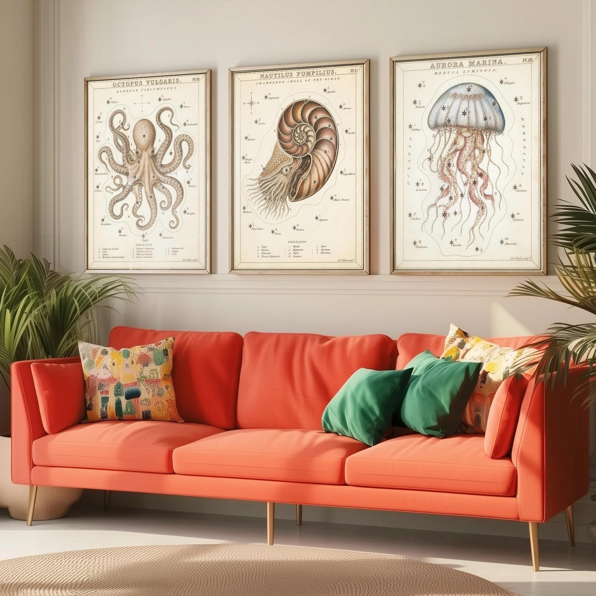 Sidney Hall Style Sea Creatures Set of Three Art Prints - 3 Octopus Nautilus Jellyfish Posters - Vintage Nautical Illustration