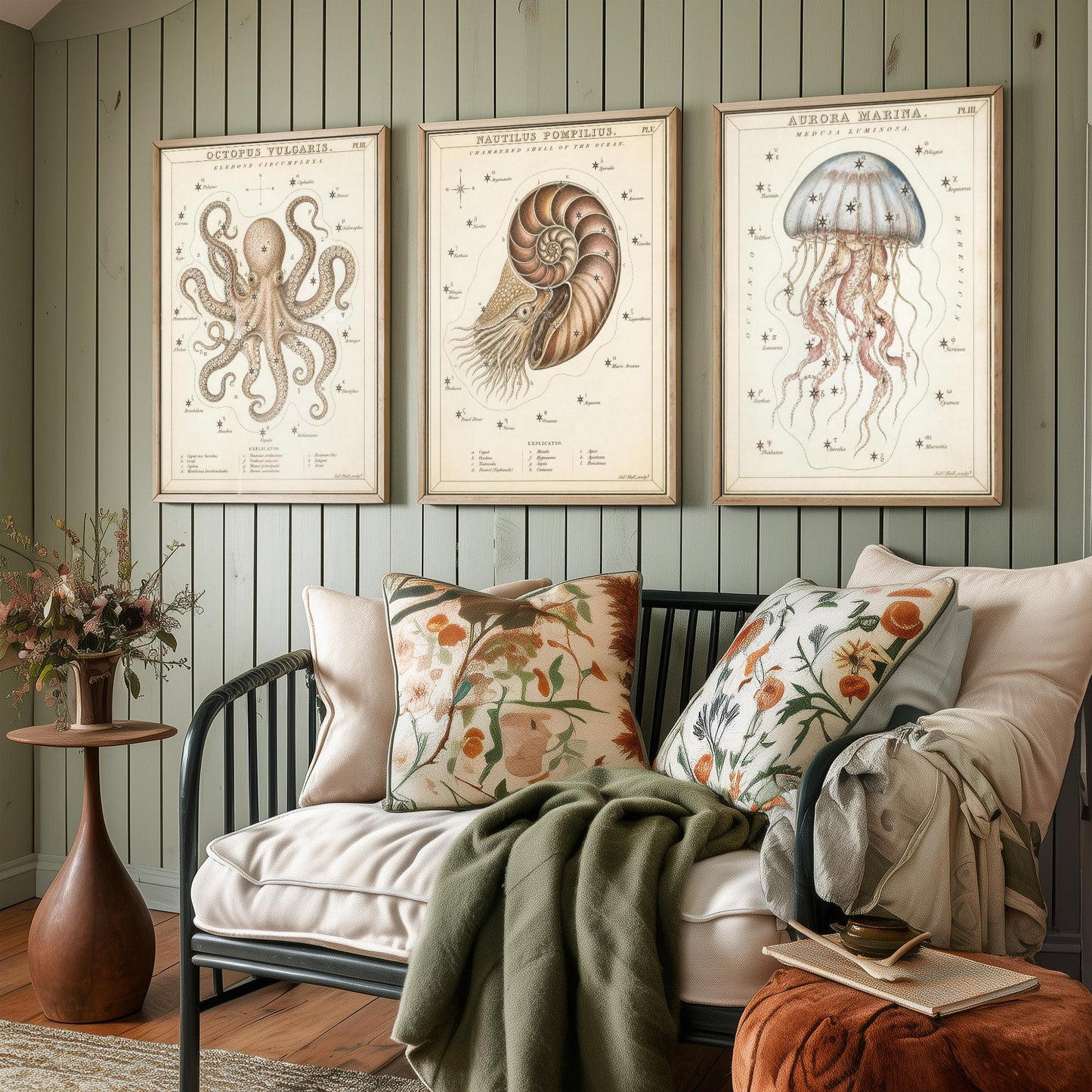 Sidney Hall Style Sea Creatures Set of Three Art Prints - 3 Octopus Nautilus Jellyfish Posters - Vintage Nautical Illustration