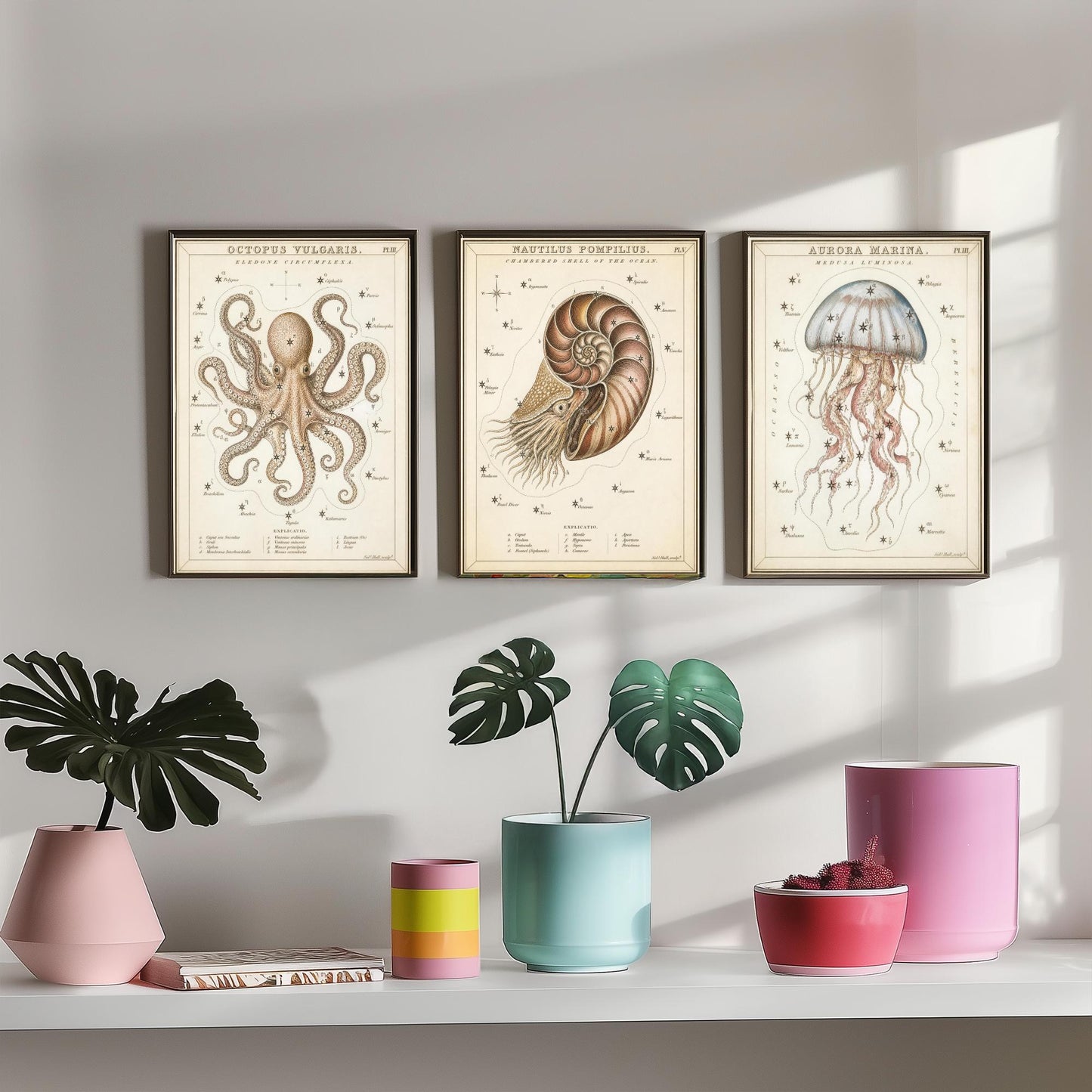 Sidney Hall Style Sea Creatures Set of Three Art Prints - 3 Octopus Nautilus Jellyfish Posters - Vintage Nautical Illustration