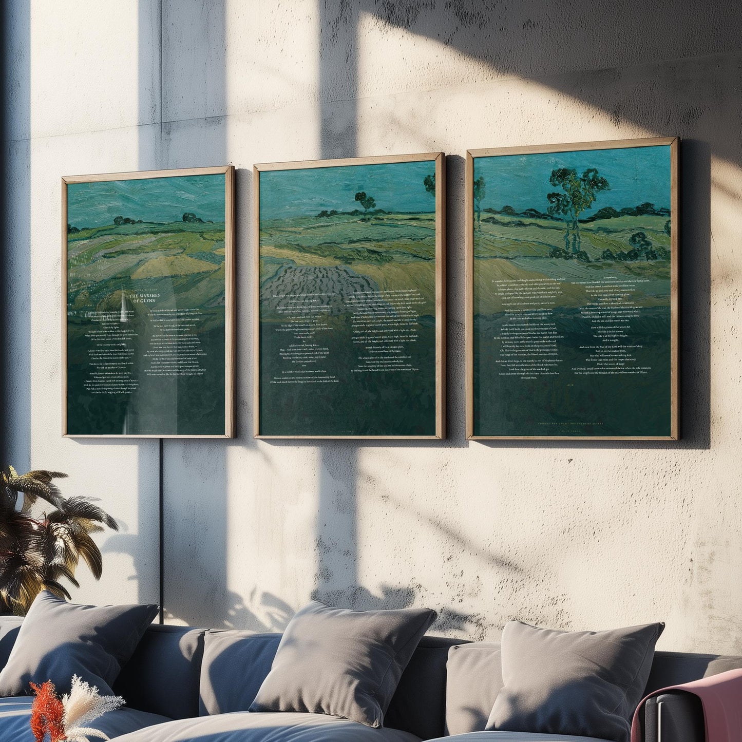 The Marshes of Glynn by Sidney Lanier Set of Three Art Prints - Full Poem over Van Gogh Plain of Auvers Painting - Poetry Poster Triptych