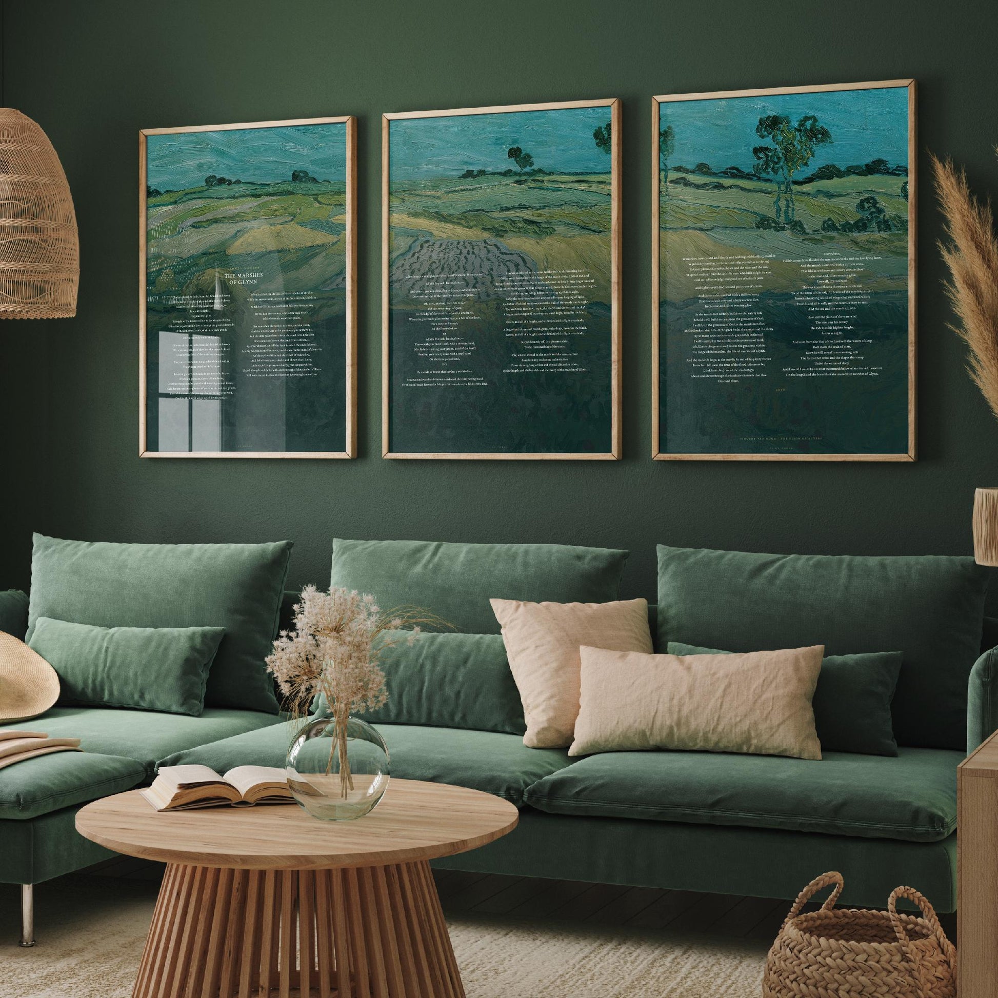 The Marshes of Glynn by Sidney Lanier Set of Three Art Prints - Full Poem over Van Gogh Plain of Auvers Painting - Poetry Poster Triptych