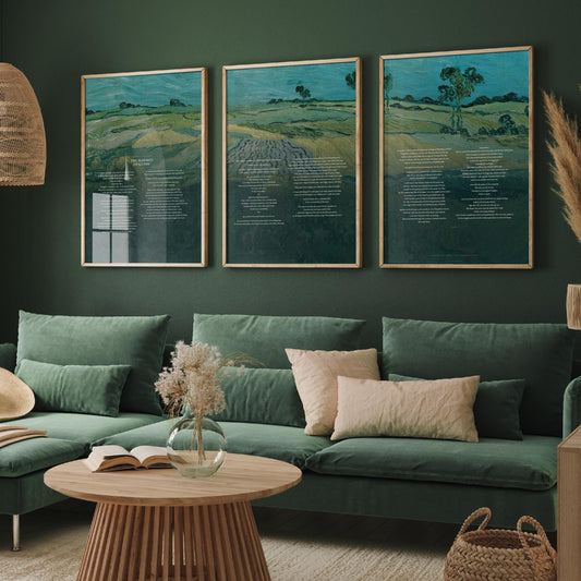 The Marshes of Glynn by Sidney Lanier Set of Three Art Prints - Full Poem over Van Gogh Plain of Auvers Painting - Poetry Poster Triptych
