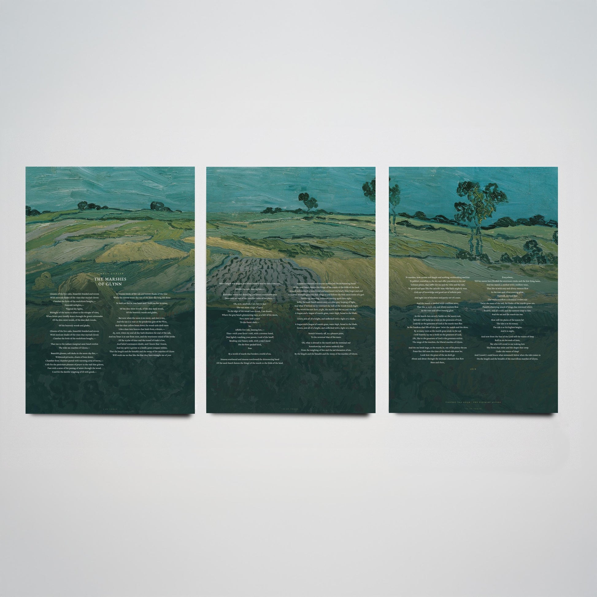 The Marshes of Glynn by Sidney Lanier Set of Three Art Prints - Full Poem over Van Gogh Plain of Auvers Painting - Poetry Poster Triptych