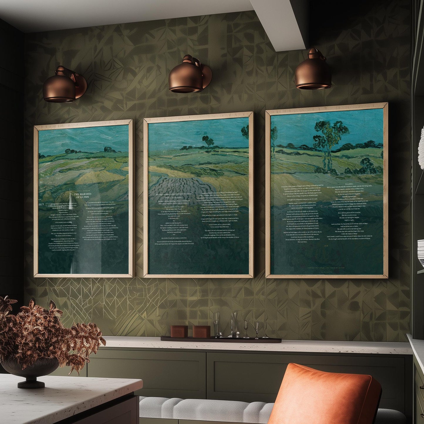 The Marshes of Glynn by Sidney Lanier Set of Three Art Prints - Full Poem over Van Gogh Plain of Auvers Painting - Poetry Poster Triptych
