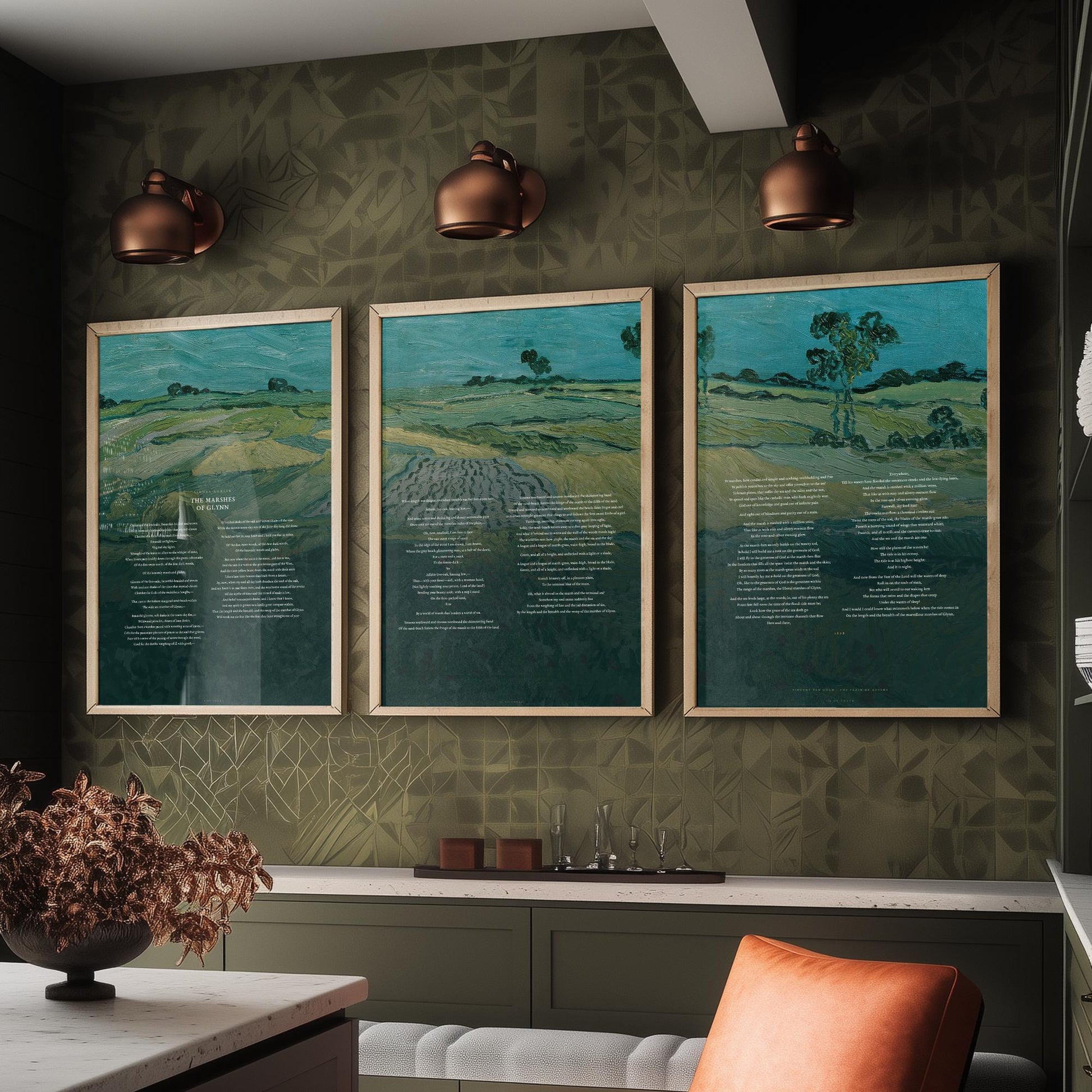 The Marshes of Glynn by Sidney Lanier Set of Three Art Prints - Full Poem over Van Gogh Plain of Auvers Painting - Poetry Poster Triptych
