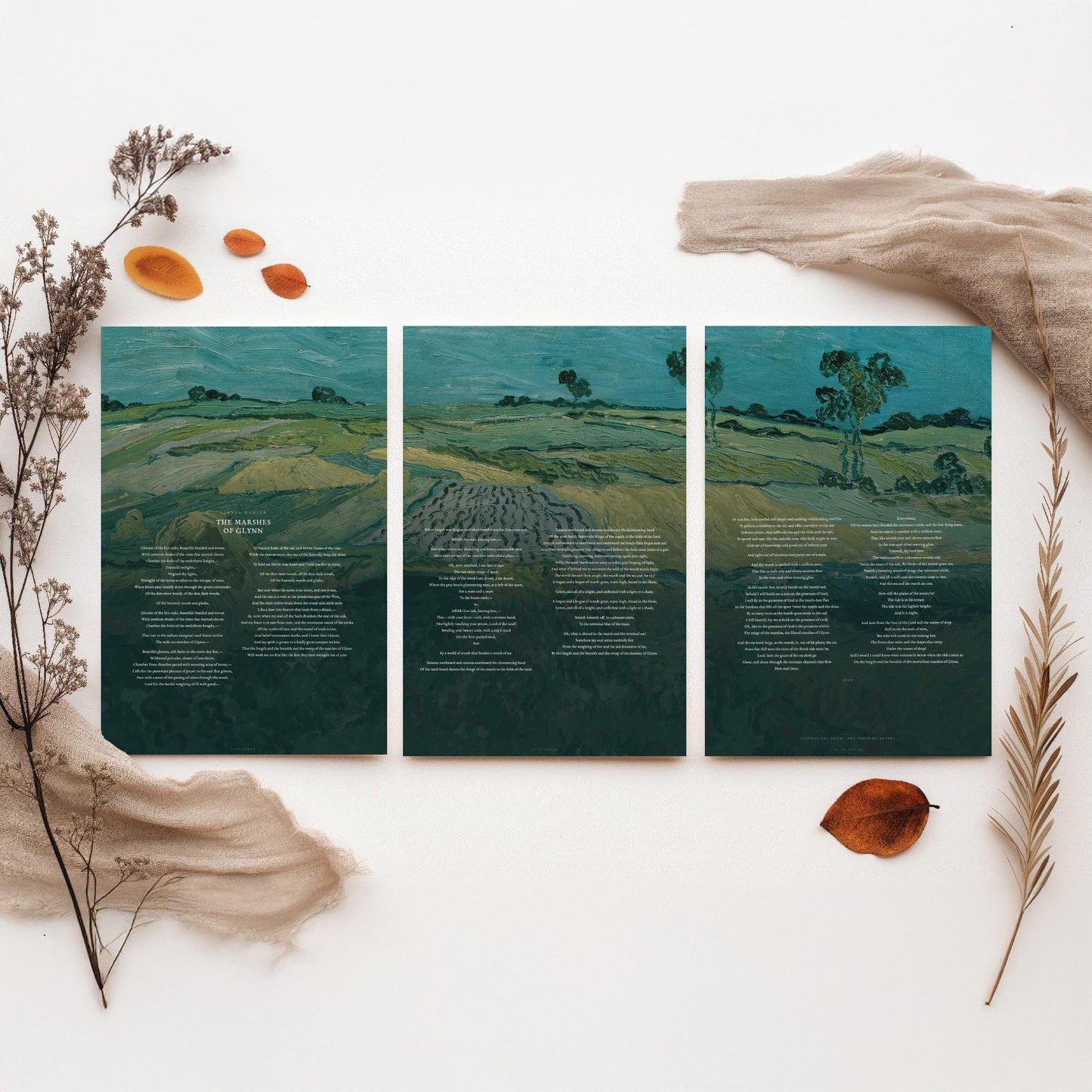 The Marshes of Glynn by Sidney Lanier Set of Three Art Prints - Full Poem over Van Gogh Plain of Auvers Painting - Poetry Poster Triptych