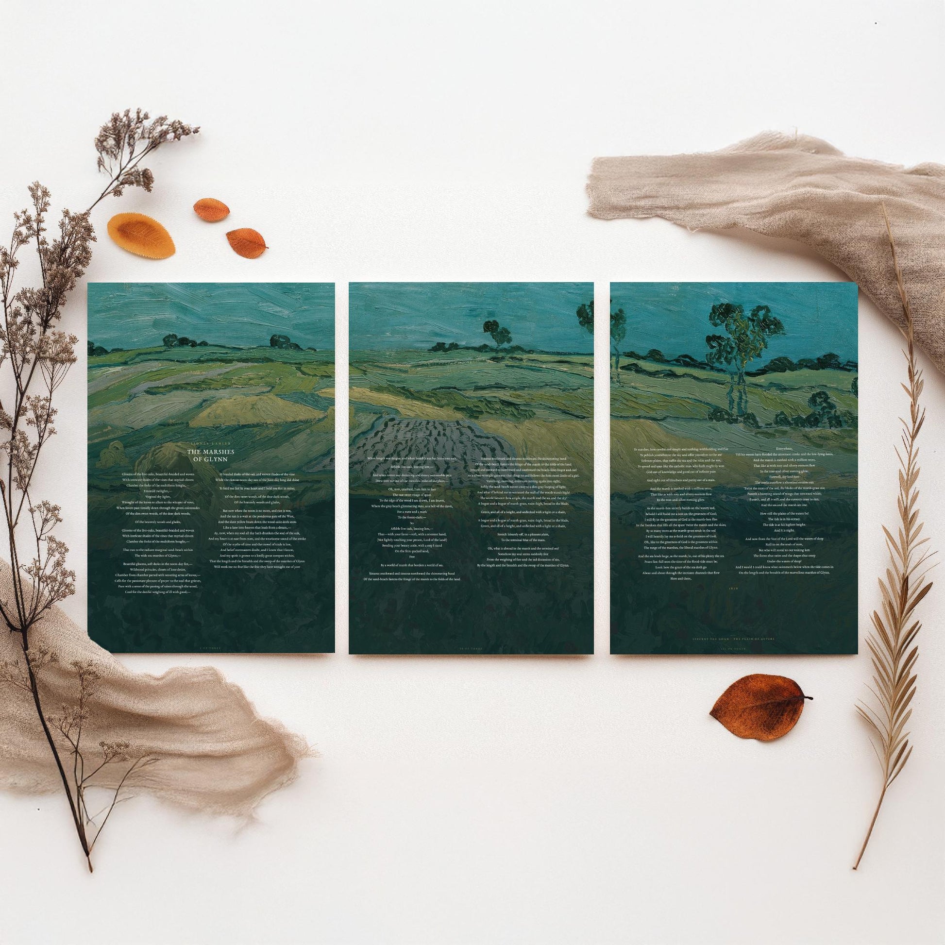 The Marshes of Glynn by Sidney Lanier Set of Three Art Prints - Full Poem over Van Gogh Plain of Auvers Painting - Poetry Poster Triptych