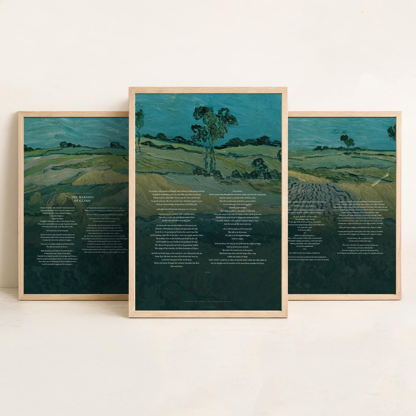 The Marshes of Glynn by Sidney Lanier Set of Three Art Prints - Full Poem over Van Gogh Plain of Auvers Painting - Poetry Poster Triptych