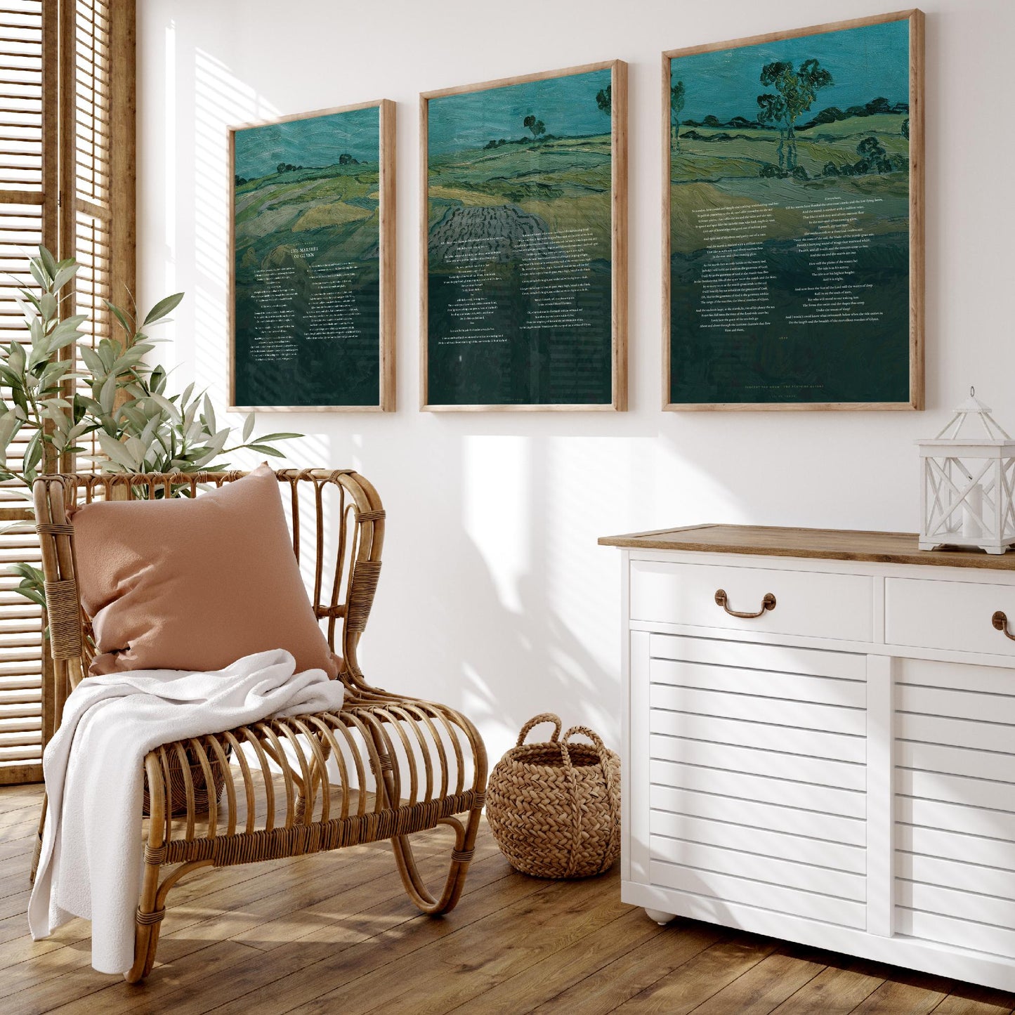 The Marshes of Glynn by Sidney Lanier Set of Three Art Prints - Full Poem over Van Gogh Plain of Auvers Painting - Poetry Poster Triptych