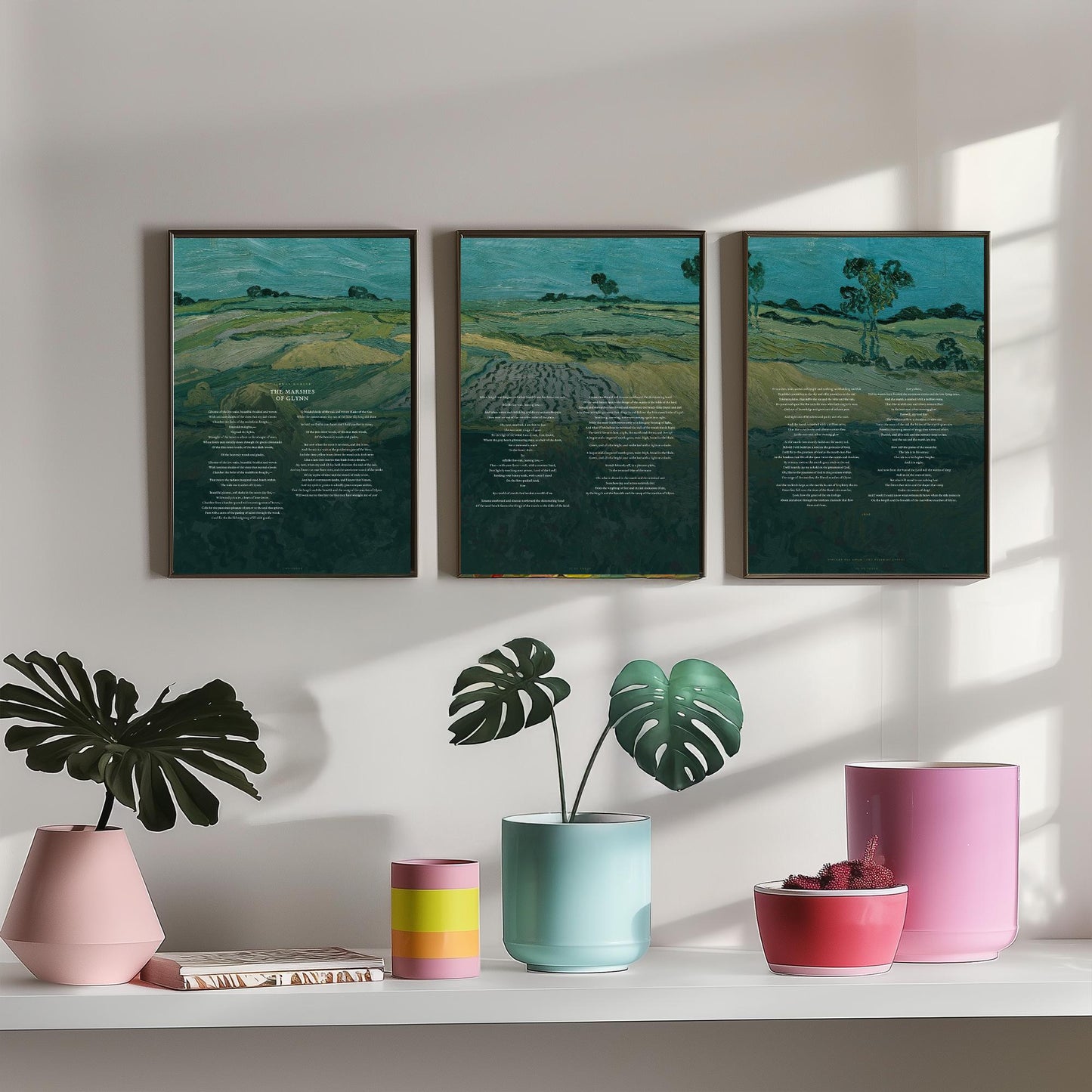 The Marshes of Glynn by Sidney Lanier Set of Three Art Prints - Full Poem over Van Gogh Plain of Auvers Painting - Poetry Poster Triptych