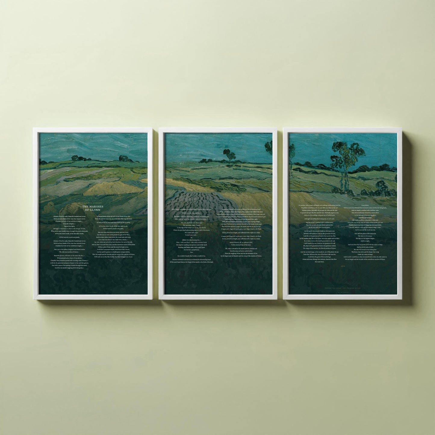 The Marshes of Glynn by Sidney Lanier Set of Three Art Prints - Full Poem over Van Gogh Plain of Auvers Painting - Poetry Poster Triptych