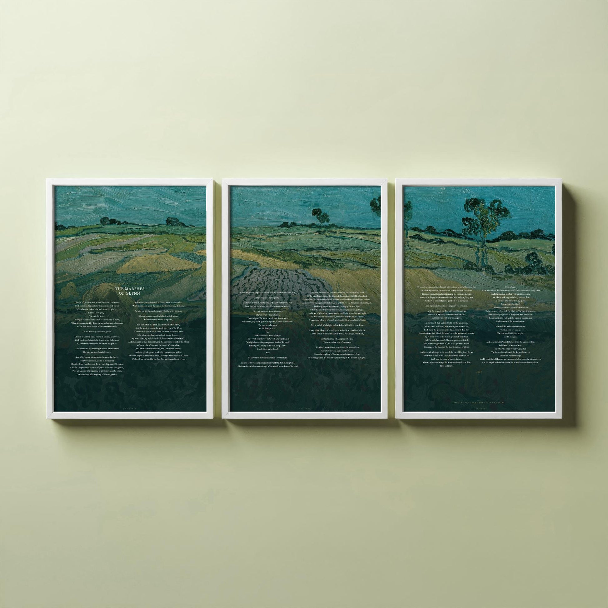 The Marshes of Glynn by Sidney Lanier Set of Three Art Prints - Full Poem over Van Gogh Plain of Auvers Painting - Poetry Poster Triptych