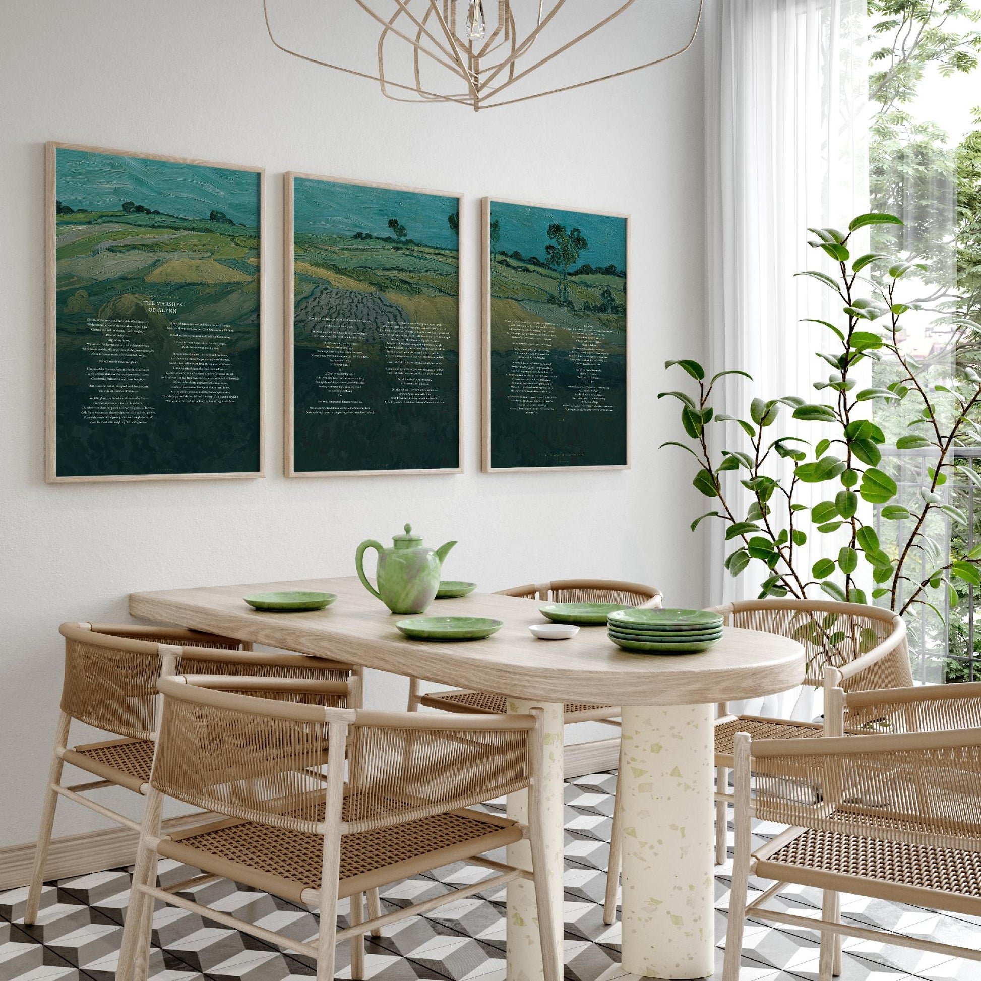 The Marshes of Glynn by Sidney Lanier Set of Three Art Prints - Full Poem over Van Gogh Plain of Auvers Painting - Poetry Poster Triptych
