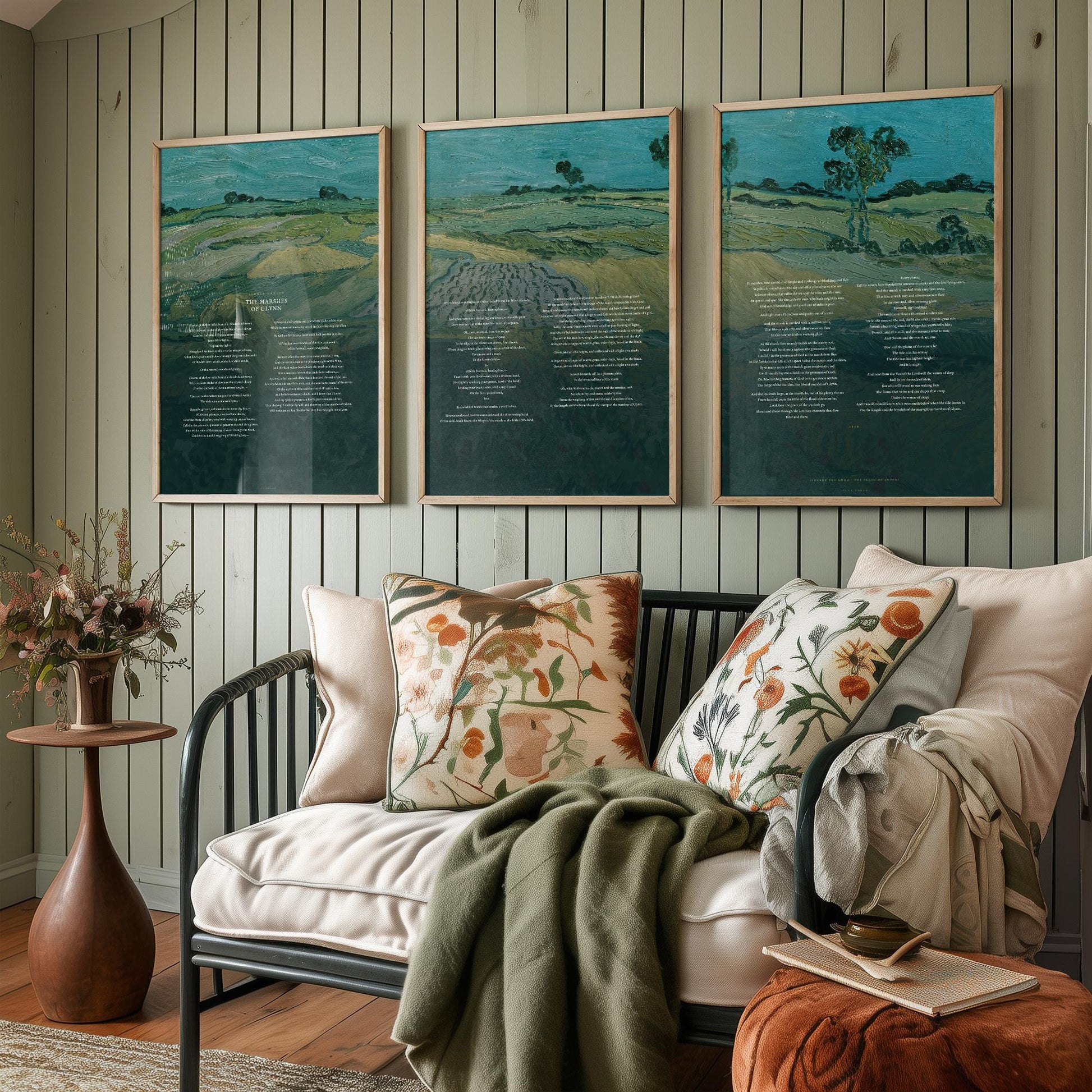 The Marshes of Glynn by Sidney Lanier Set of Three Art Prints - Full Poem over Van Gogh Plain of Auvers Painting - Poetry Poster Triptych