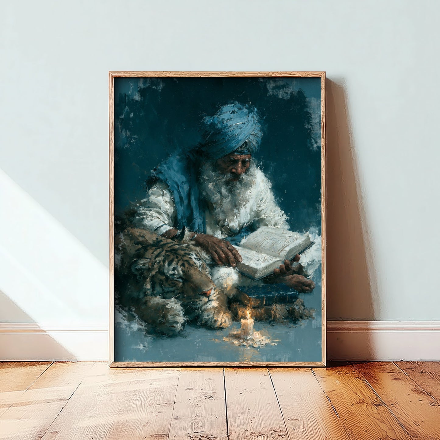 Sikh Sage & Tiger Art Print - Reading Oil Painting - Wisdom Scholar Poster