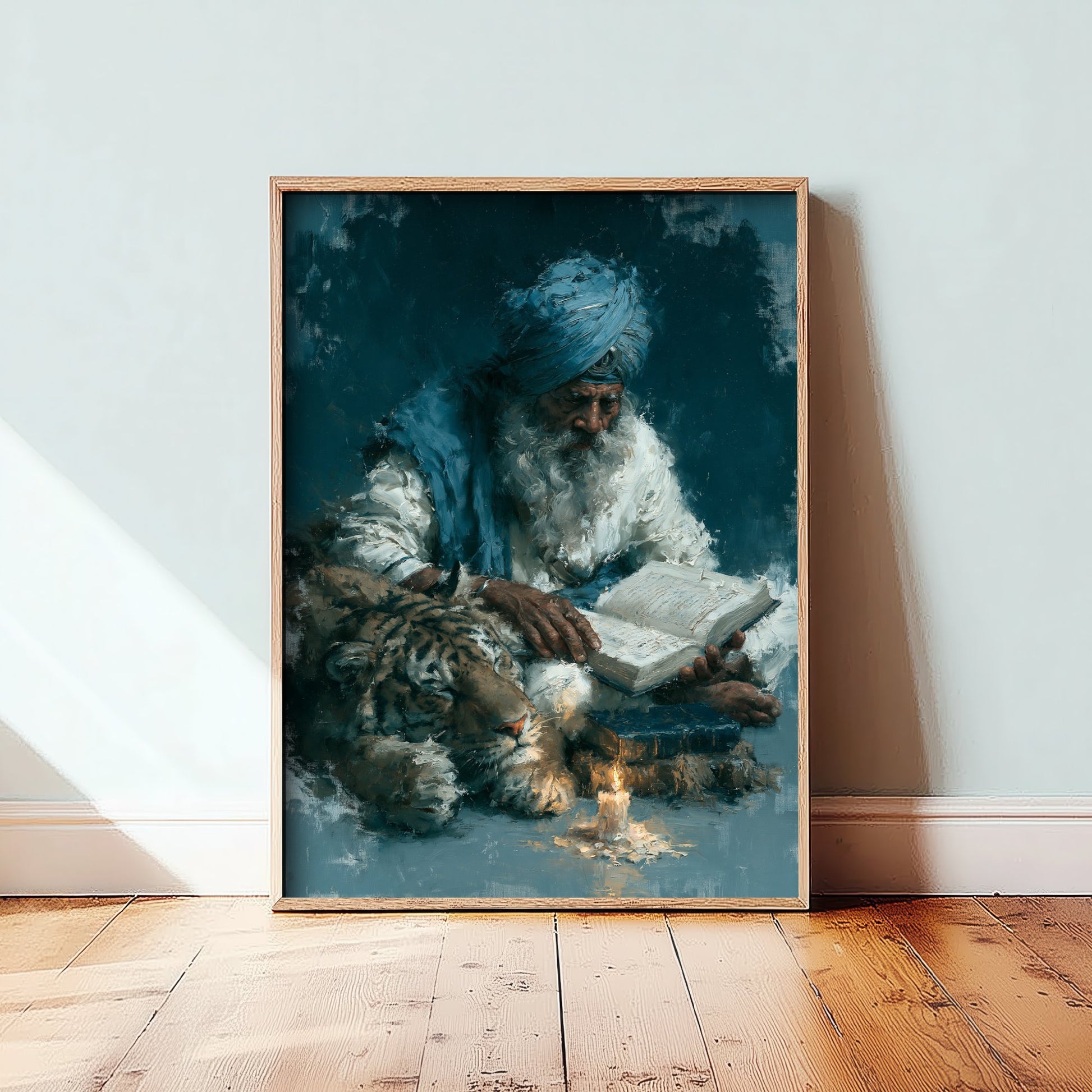 Sikh Sage & Tiger Art Print - Reading Oil Painting - Wisdom Scholar Poster