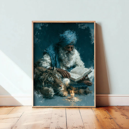 Sikh Sage & Tiger Art Print - Reading Oil Painting - Wisdom Scholar Poster