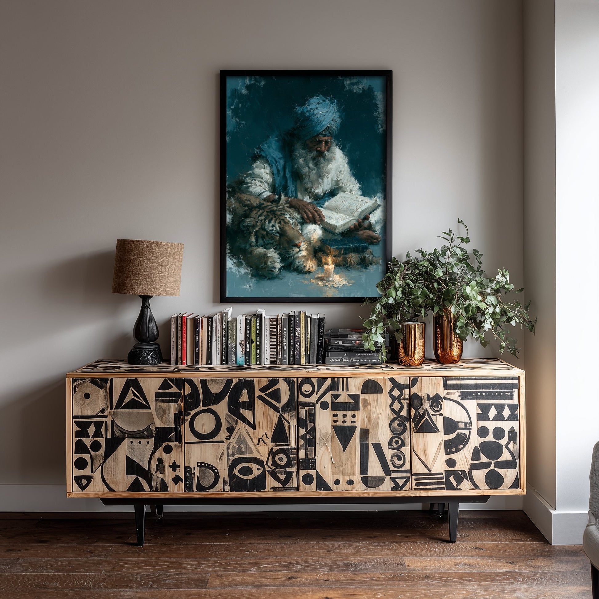 Sikh Sage & Tiger Art Print - Reading Oil Painting - Wisdom Scholar Poster