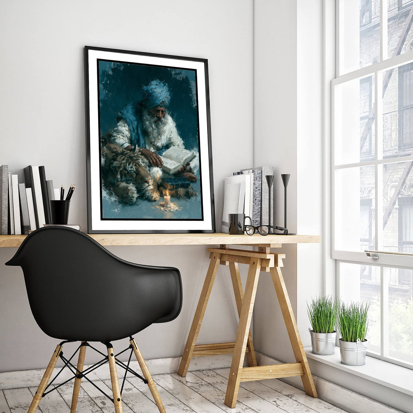Sikh Sage & Tiger Art Print - Reading Oil Painting - Wisdom Scholar Poster