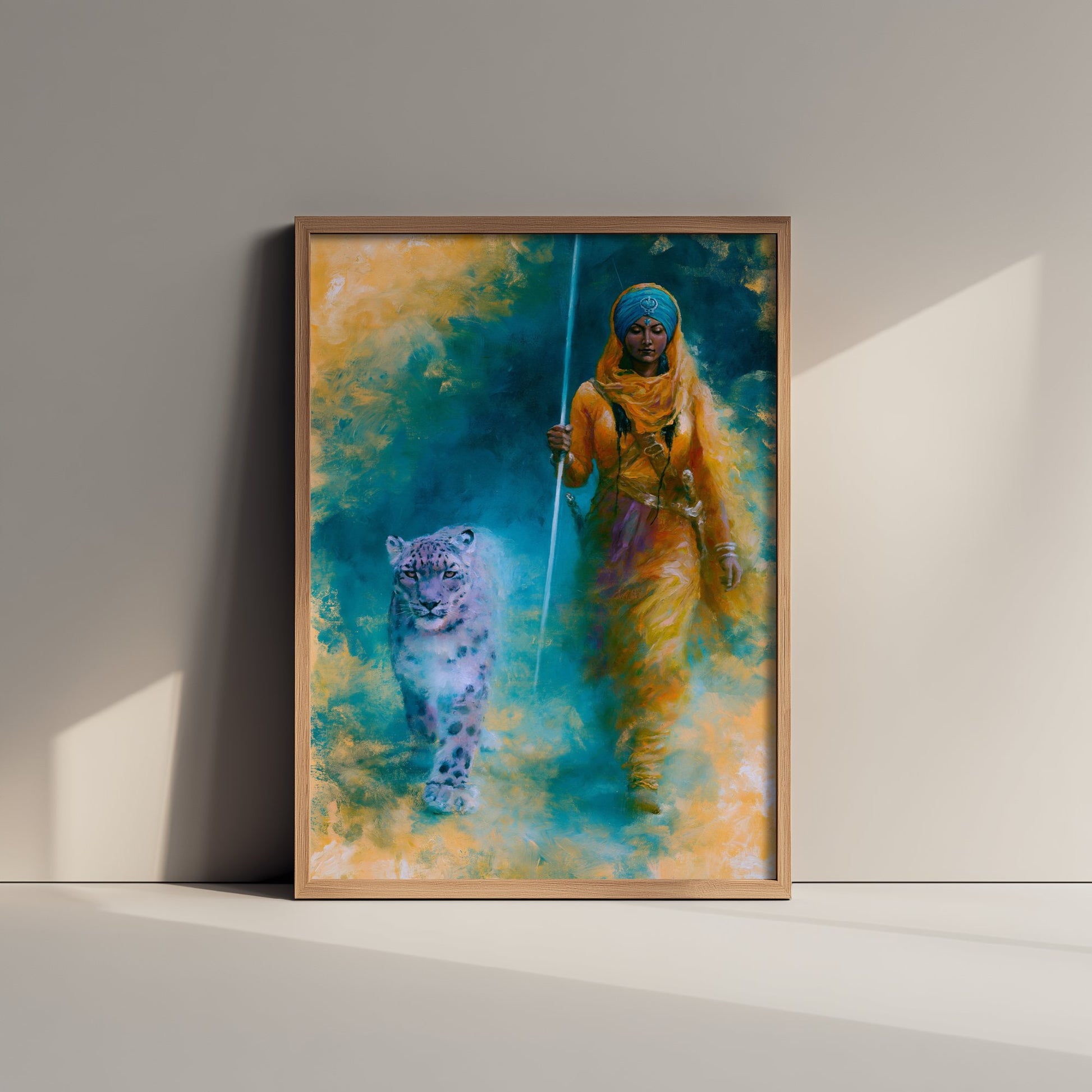 Sikh Warrior Woman Art Print - Snow Leopard Painting - Punjabi Kaur Poster