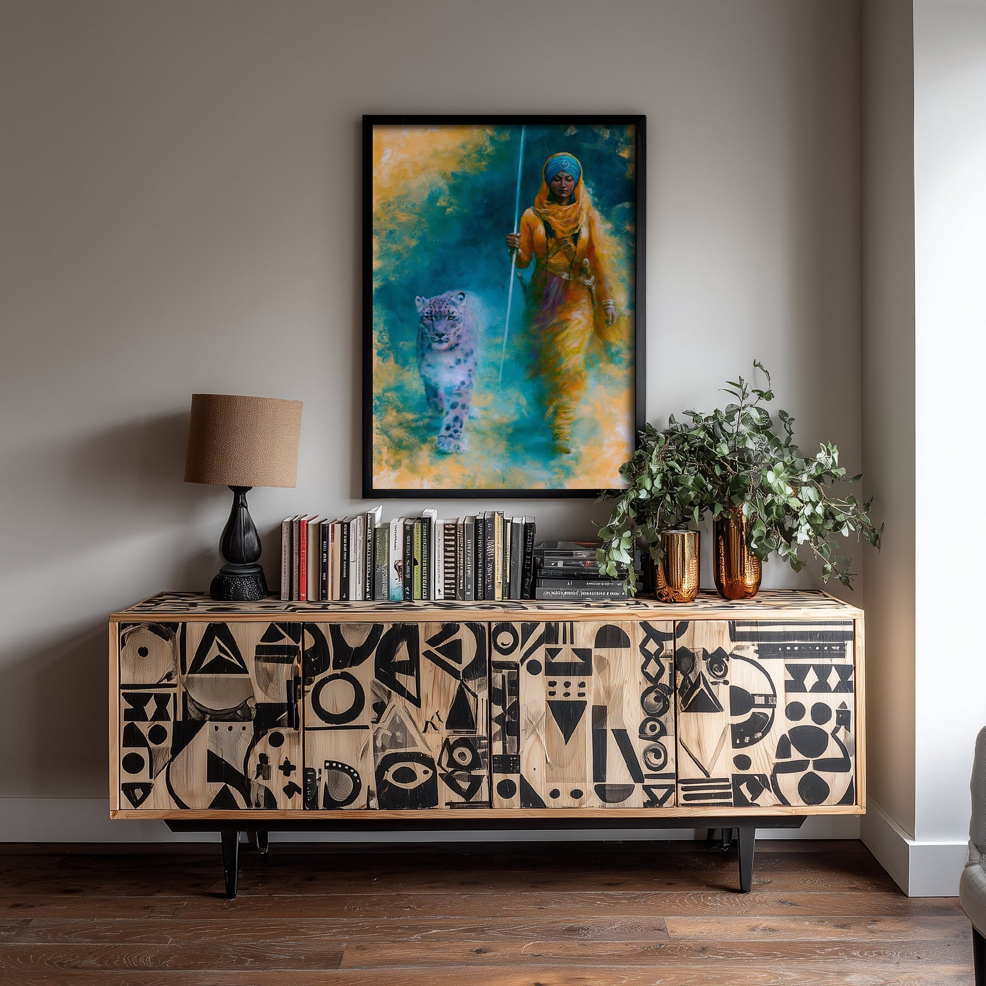 Sikh Warrior Woman Art Print - Snow Leopard Painting - Punjabi Kaur Poster