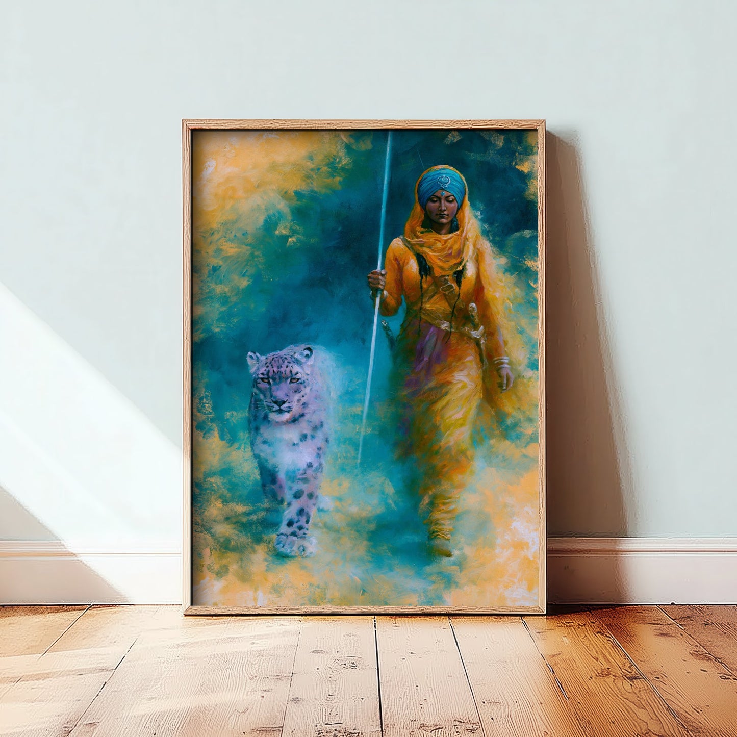 Sikh Warrior Woman Art Print - Snow Leopard Painting - Punjabi Kaur Poster