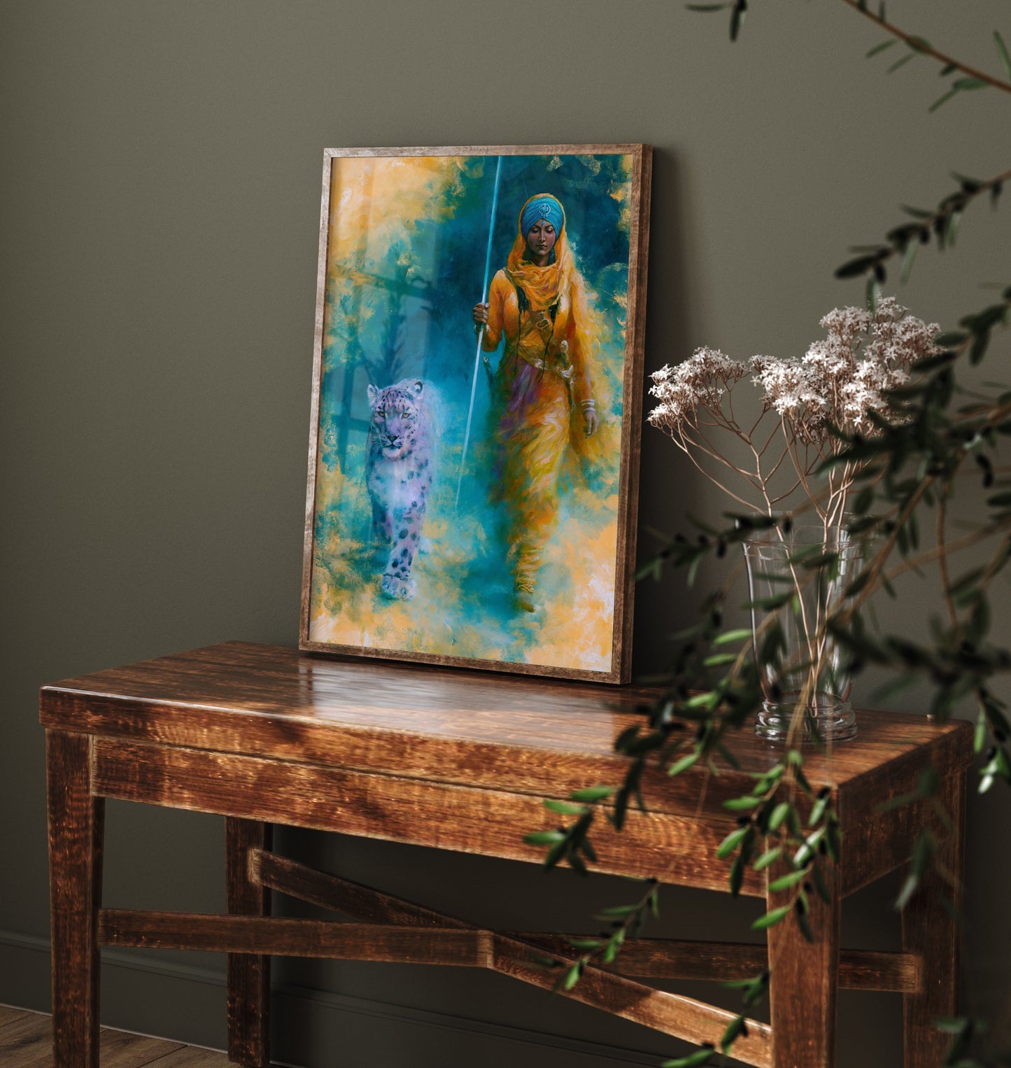 Sikh Warrior Woman Art Print - Snow Leopard Painting - Punjabi Kaur Poster