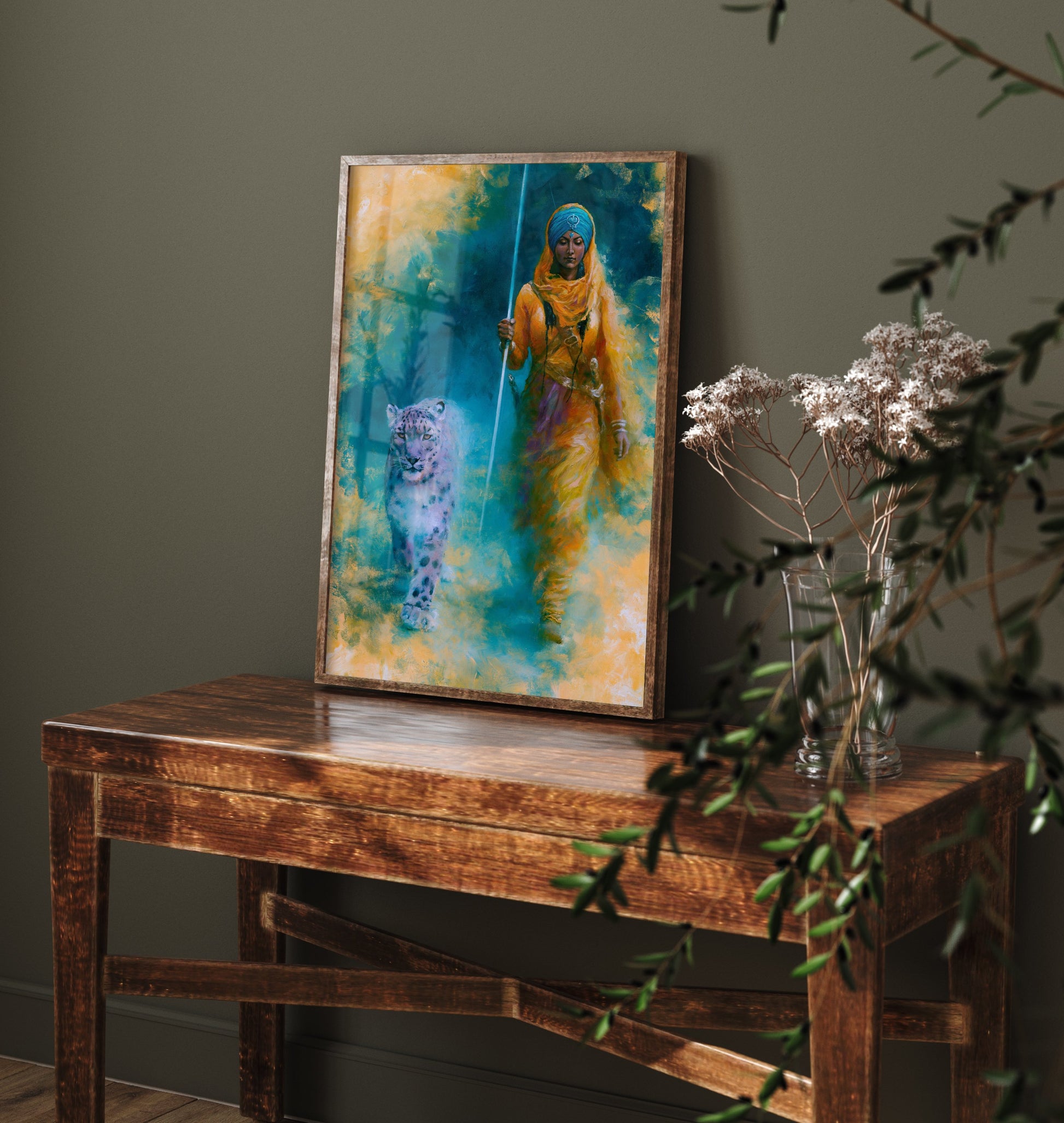 Sikh Warrior Woman Art Print - Snow Leopard Painting - Punjabi Kaur Poster