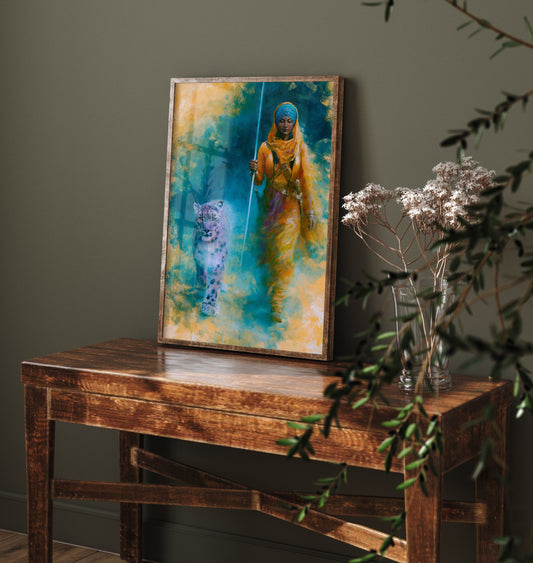 Sikh Warrior Woman Art Print - Snow Leopard Painting - Punjabi Kaur Poster