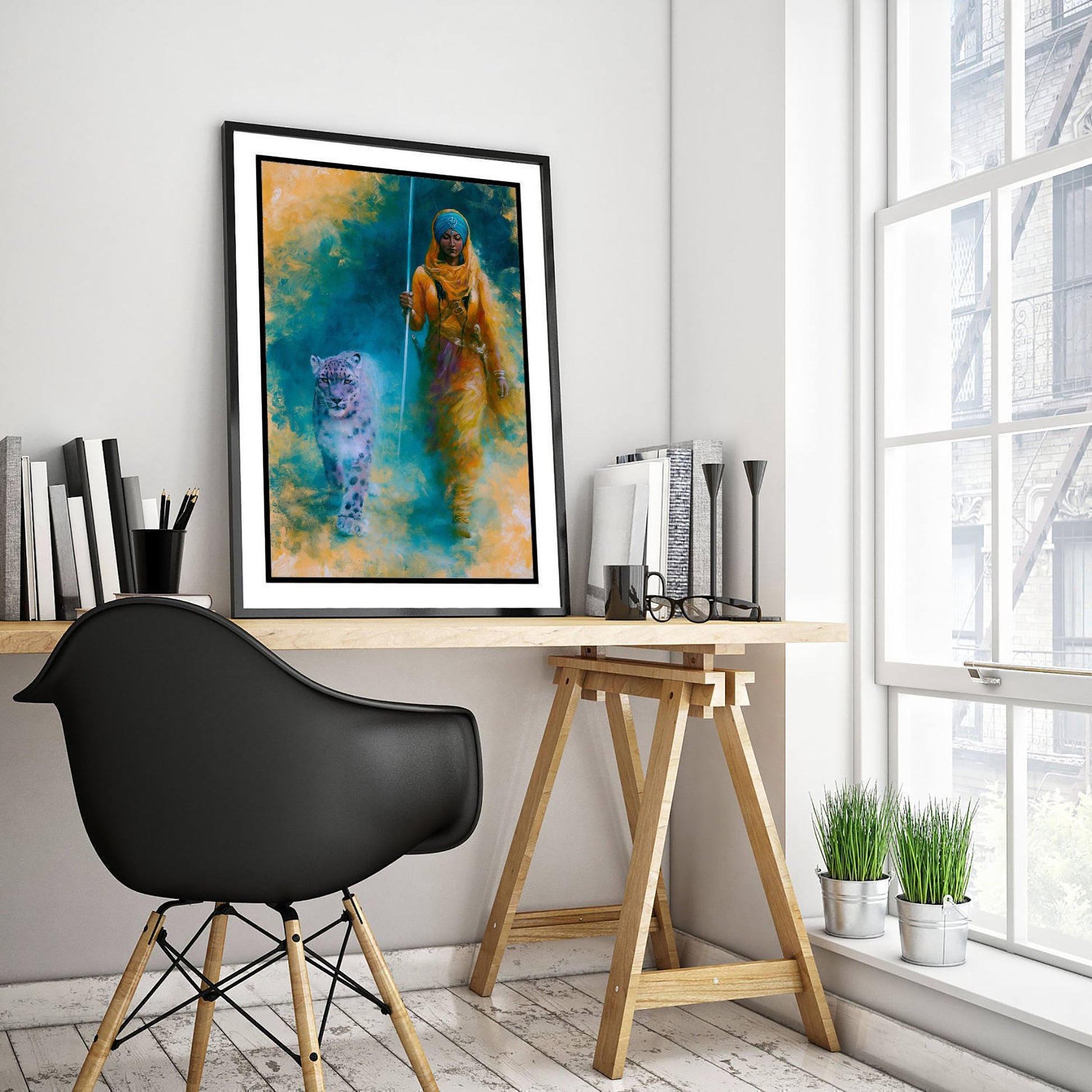 Sikh Warrior Woman Art Print - Snow Leopard Painting - Punjabi Kaur Poster