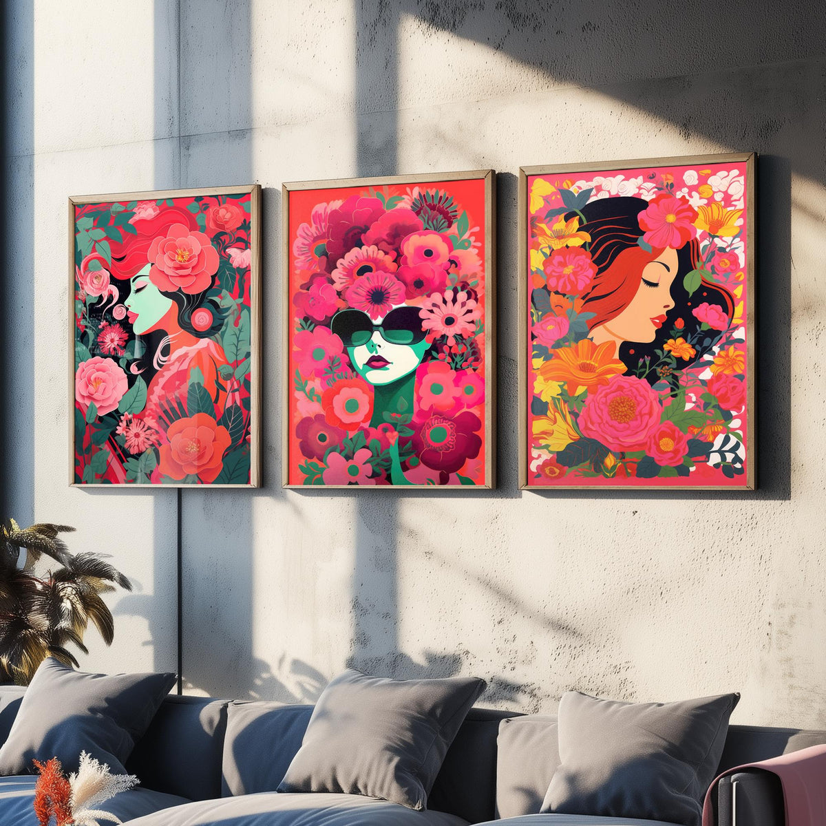 Woman with Flowers Set of Three Art Prints - Red and Pink Floral Portraits - Bold Screenprint Style Poster Illustration