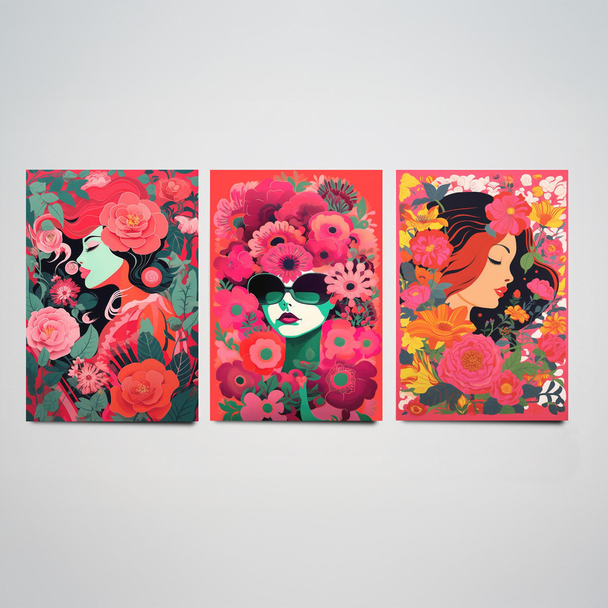Woman with Flowers Set of Three Art Prints - Red and Pink Floral Portraits - Bold Screenprint Style Poster Illustration