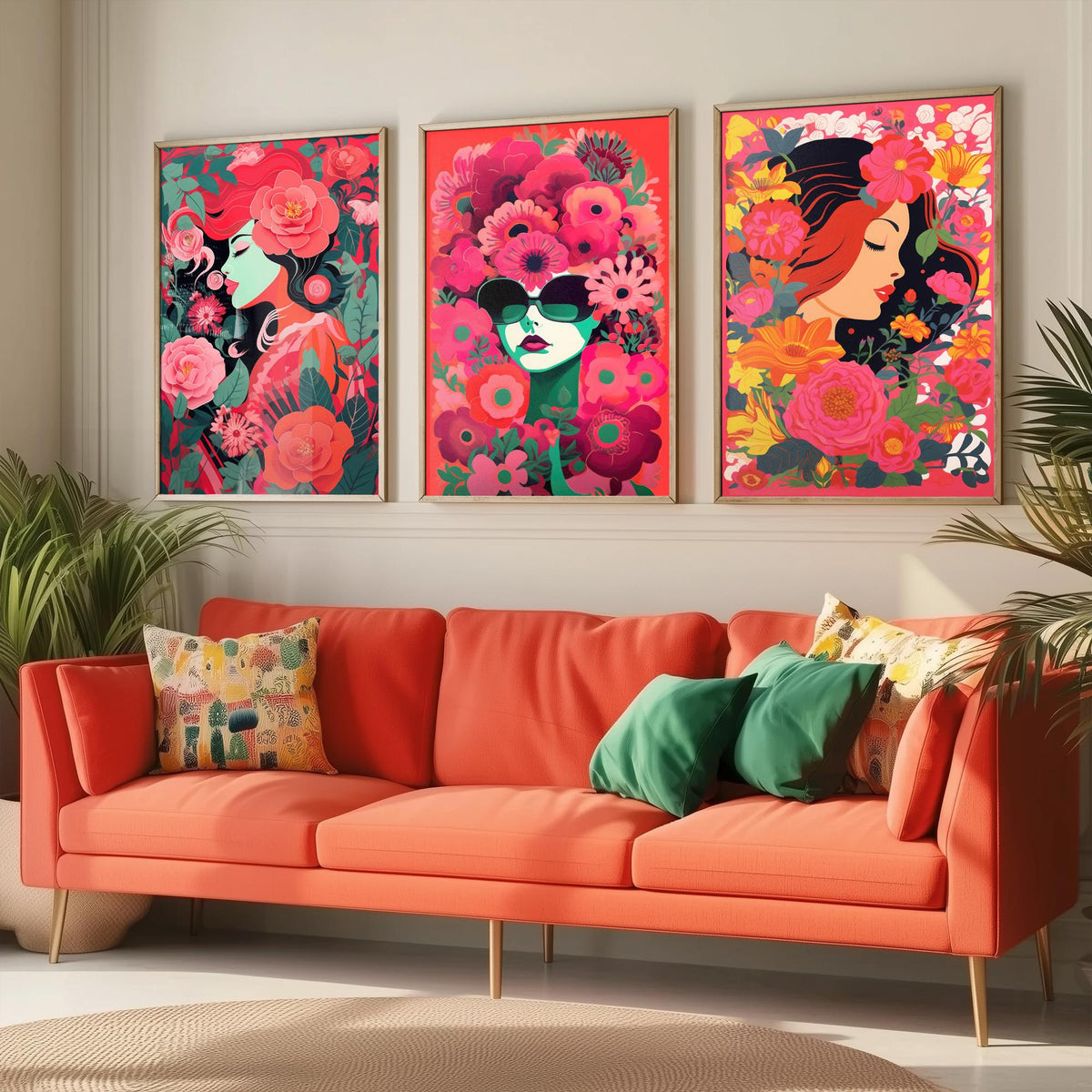 Woman with Flowers Set of Three Art Prints - Red and Pink Floral Portraits - Bold Screenprint Style Poster Illustration