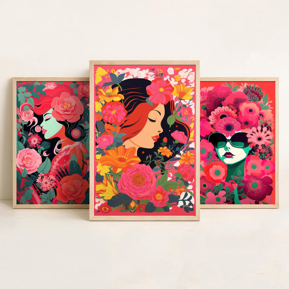 Woman with Flowers Set of Three Art Prints - Red and Pink Floral Portraits - Bold Screenprint Style Poster Illustration