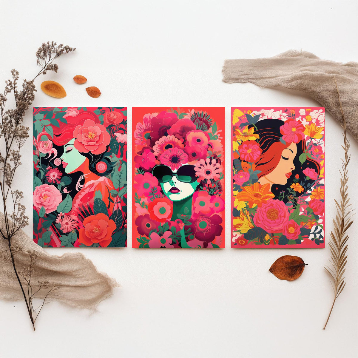 Woman with Flowers Set of Three Art Prints - Red and Pink Floral Portraits - Bold Screenprint Style Poster Illustration