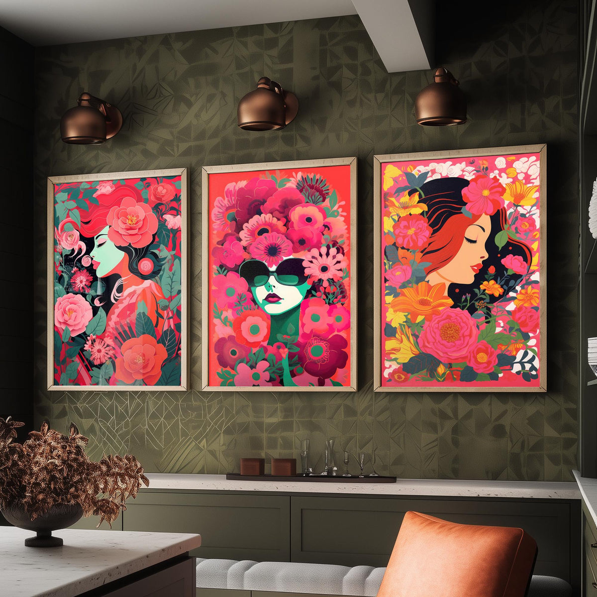Woman with Flowers Set of Three Art Prints - Red and Pink Floral Portraits - Bold Screenprint Style Poster Illustration