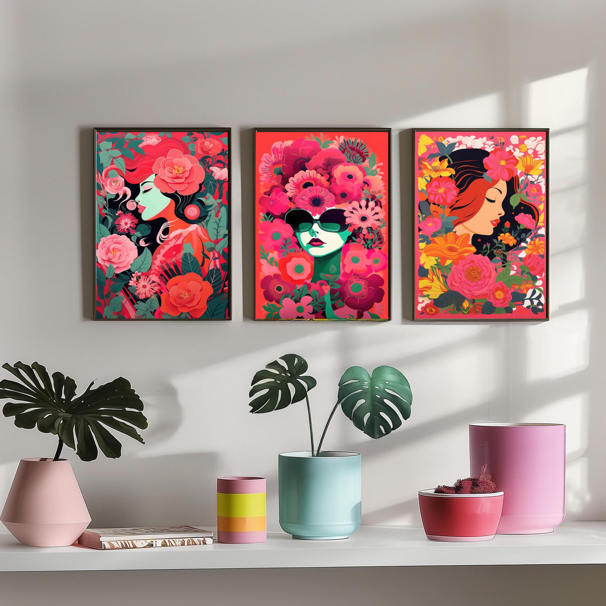 Woman with Flowers Set of Three Art Prints - Red and Pink Floral Portraits - Bold Screenprint Style Poster Illustration