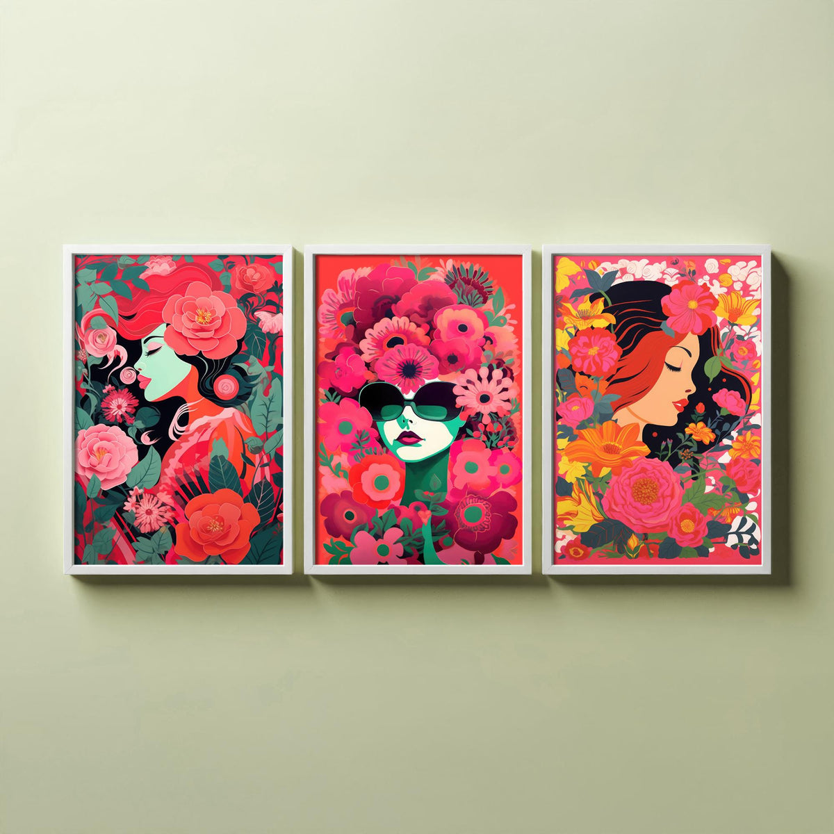 Woman with Flowers Set of Three Art Prints - Red and Pink Floral Portraits - Bold Screenprint Style Poster Illustration