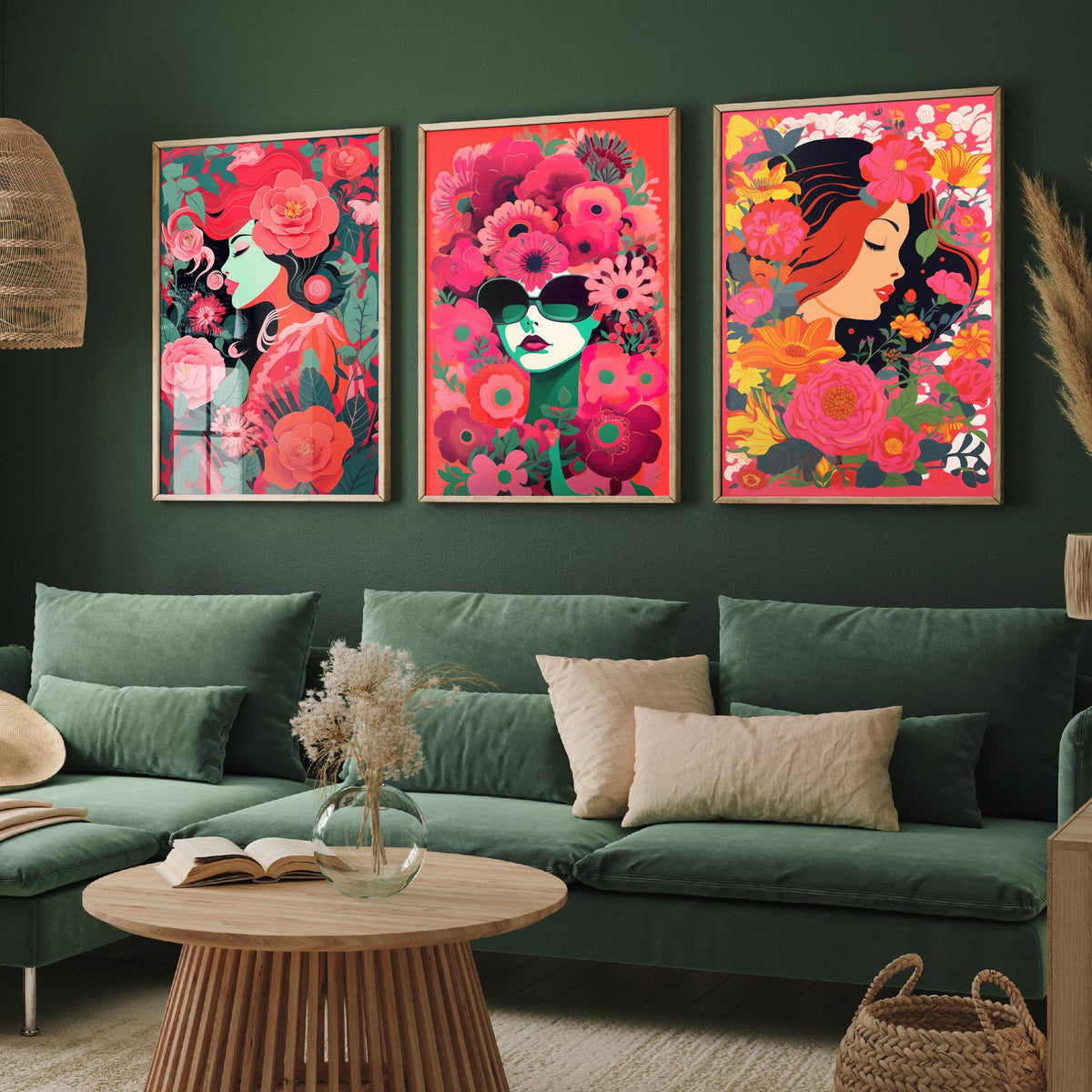 Woman with Flowers Set of Three Art Prints - Red and Pink Floral Portraits - Bold Screenprint Style Poster Illustration