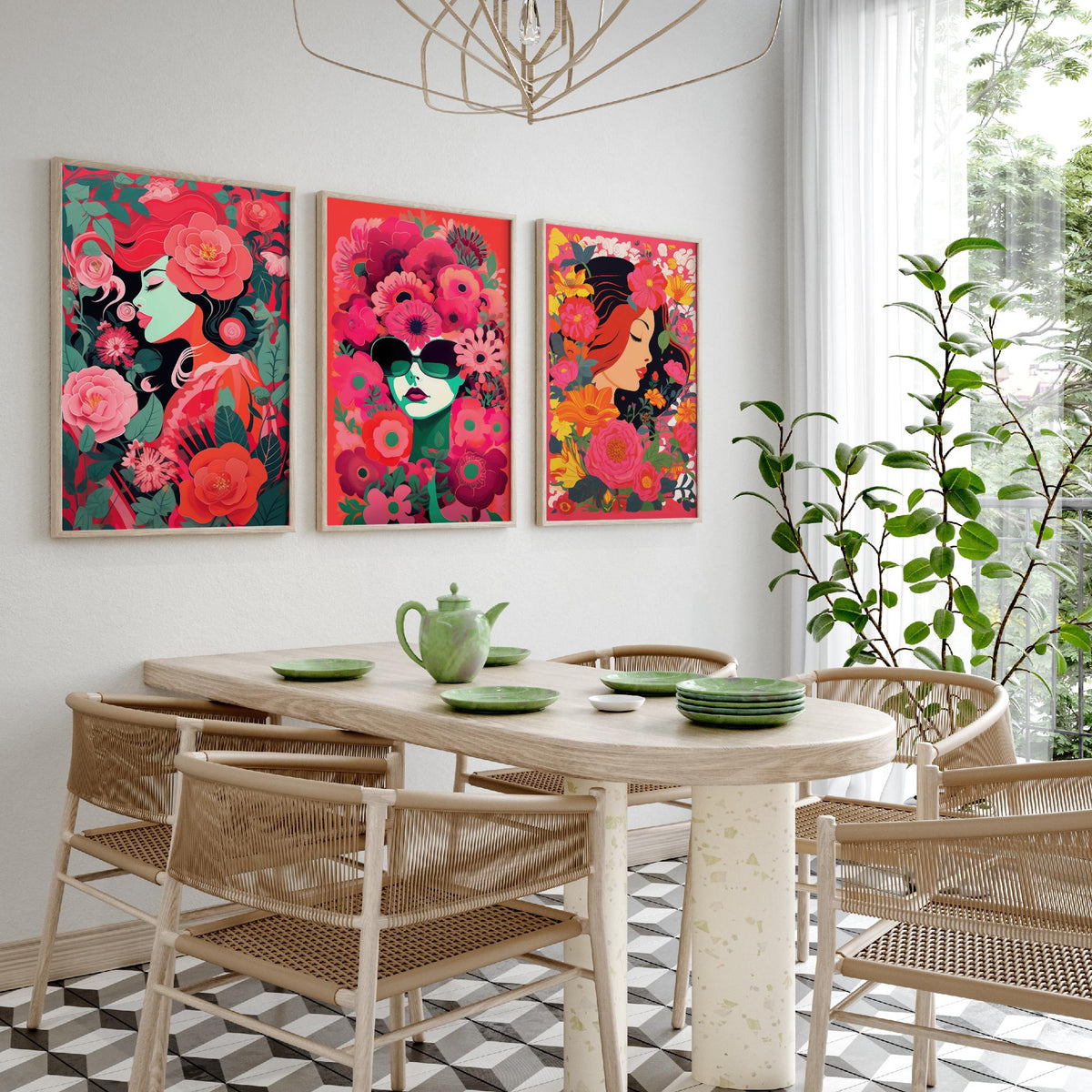 Woman with Flowers Set of Three Art Prints - Red and Pink Floral Portraits - Bold Screenprint Style Poster Illustration