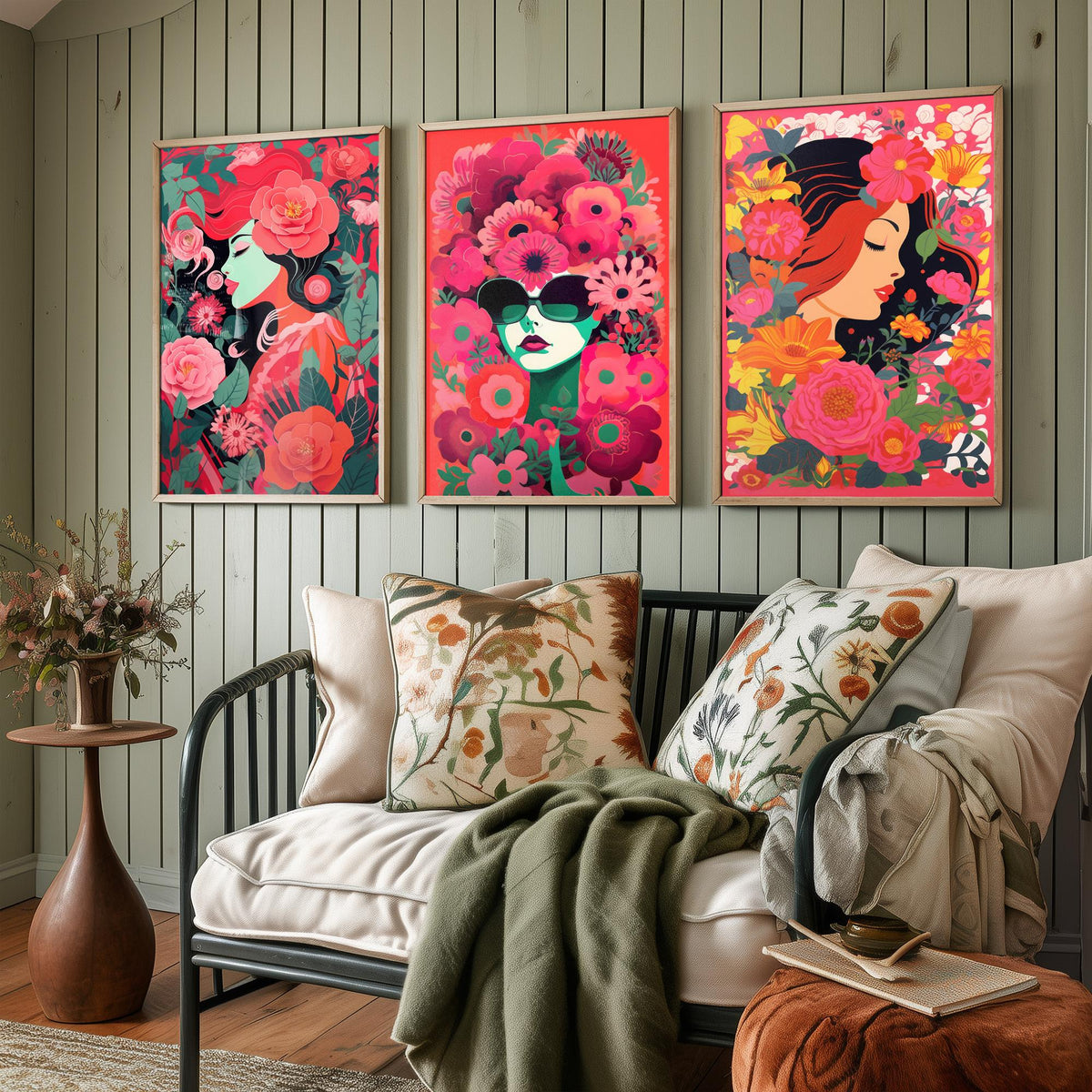 Woman with Flowers Set of Three Art Prints - Red and Pink Floral Portraits - Bold Screenprint Style Poster Illustration