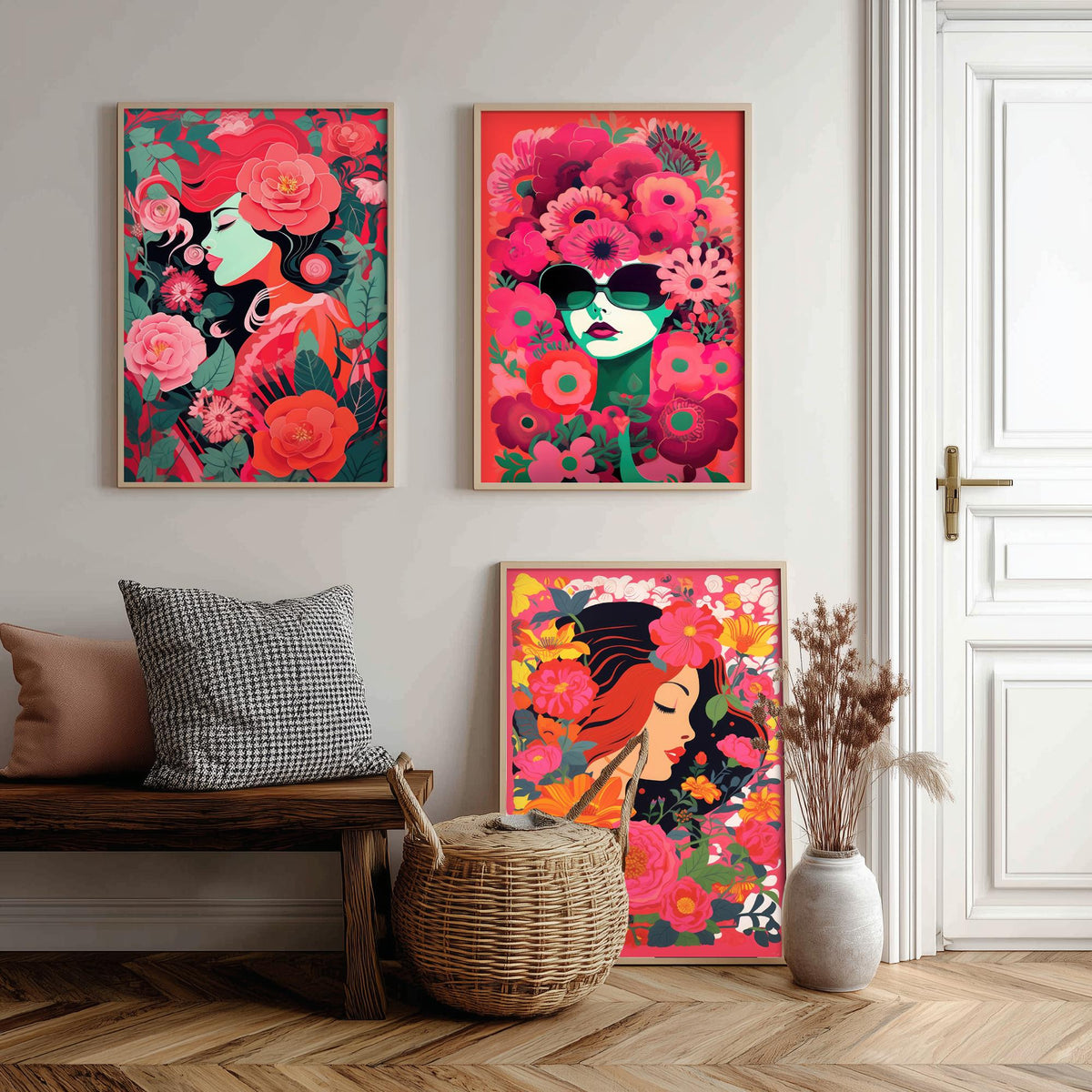 Woman with Flowers Set of Three Art Prints - Red and Pink Floral Portraits - Bold Screenprint Style Poster Illustration