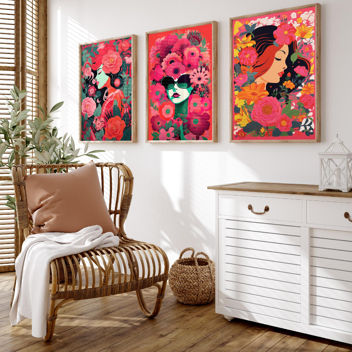 Woman with Flowers Set of Three Art Prints - Red and Pink Floral Portraits - Bold Screenprint Style Poster Illustration