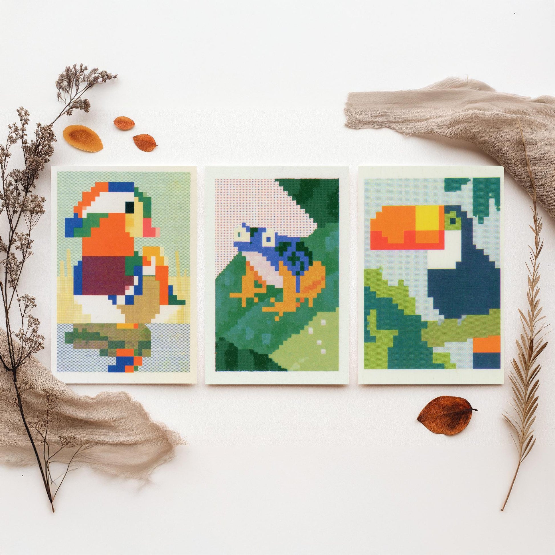 Pixel Animals Set of Three Art Prints - Mandarin Duck, Poison Dart Frog, Toucan - Pixel Art Poster Wall Art Gift Illustration
