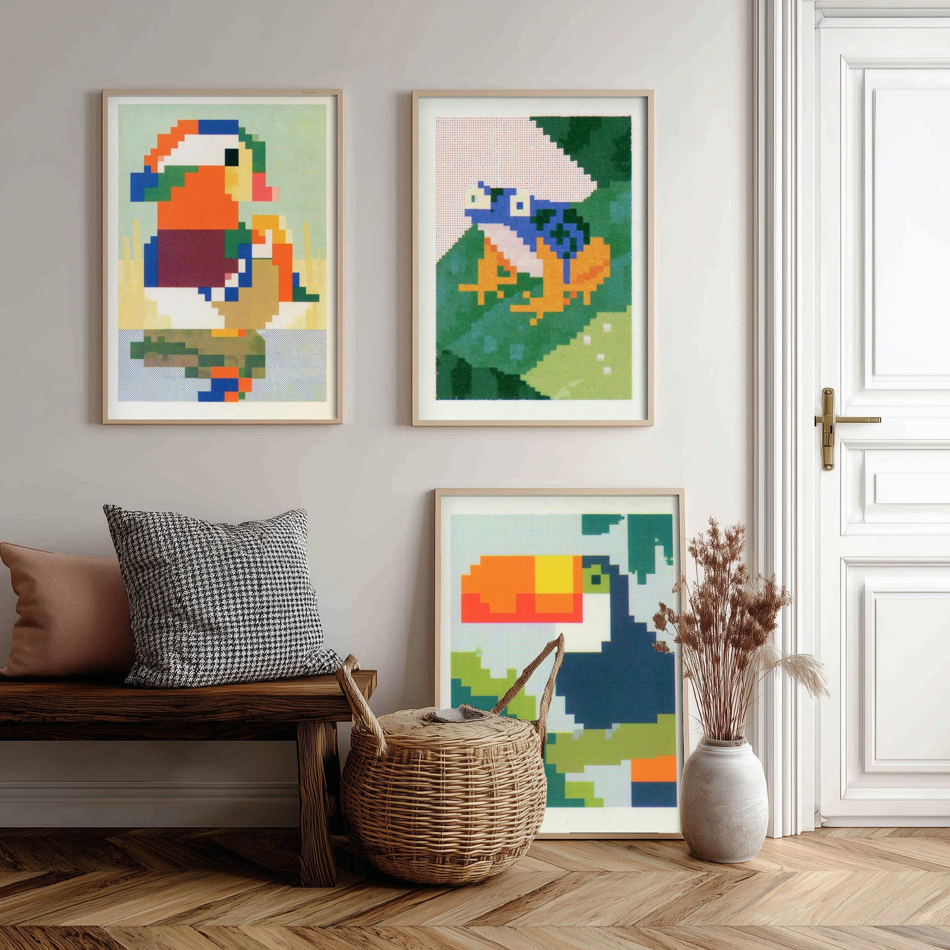 Pixel Animals Set of Three Art Prints - Mandarin Duck, Poison Dart Frog, Toucan - Pixel Art Poster Wall Art Gift Illustration
