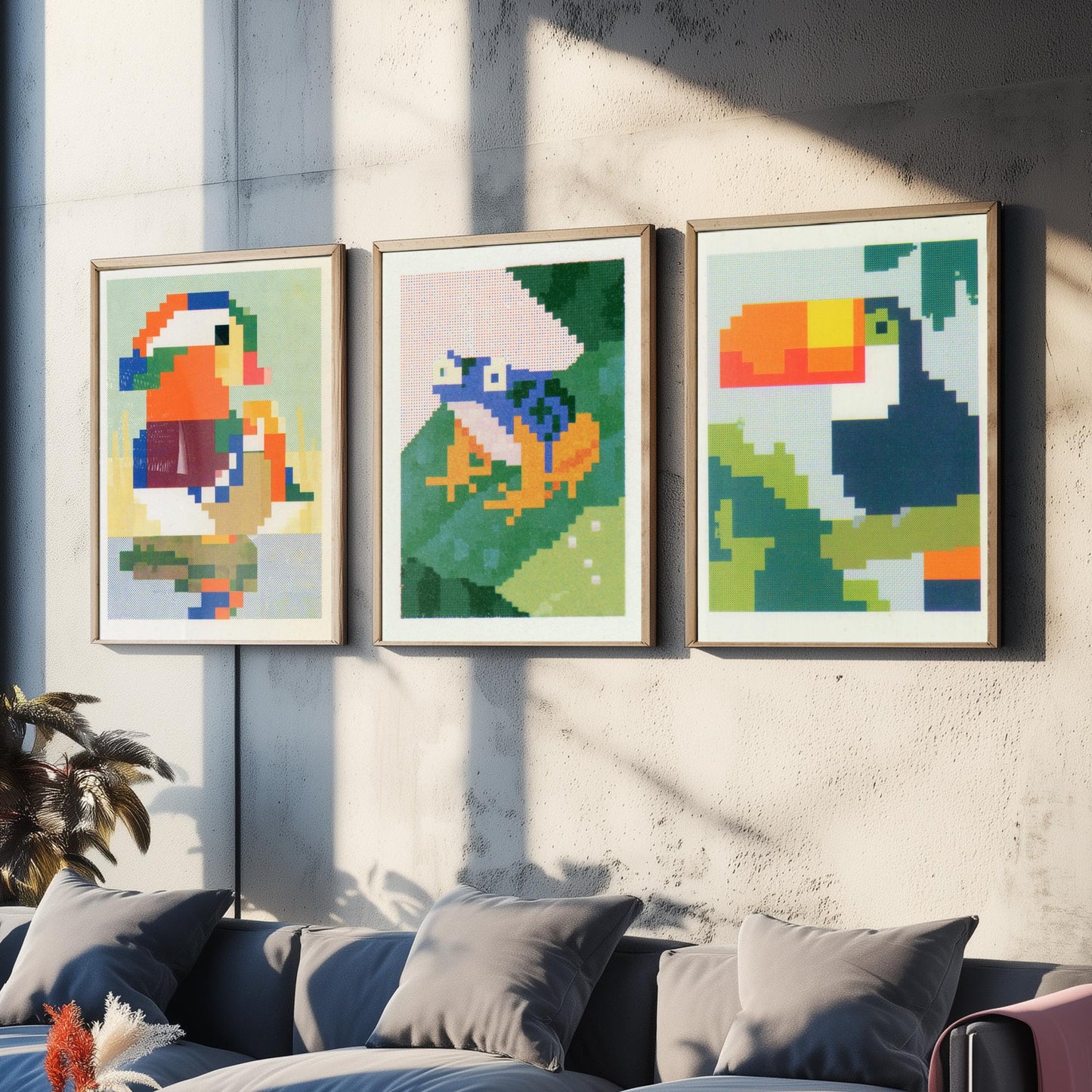 Pixel Animals Set of Three Art Prints - Mandarin Duck, Poison Dart Frog, Toucan - Pixel Art Poster Wall Art Gift Illustration