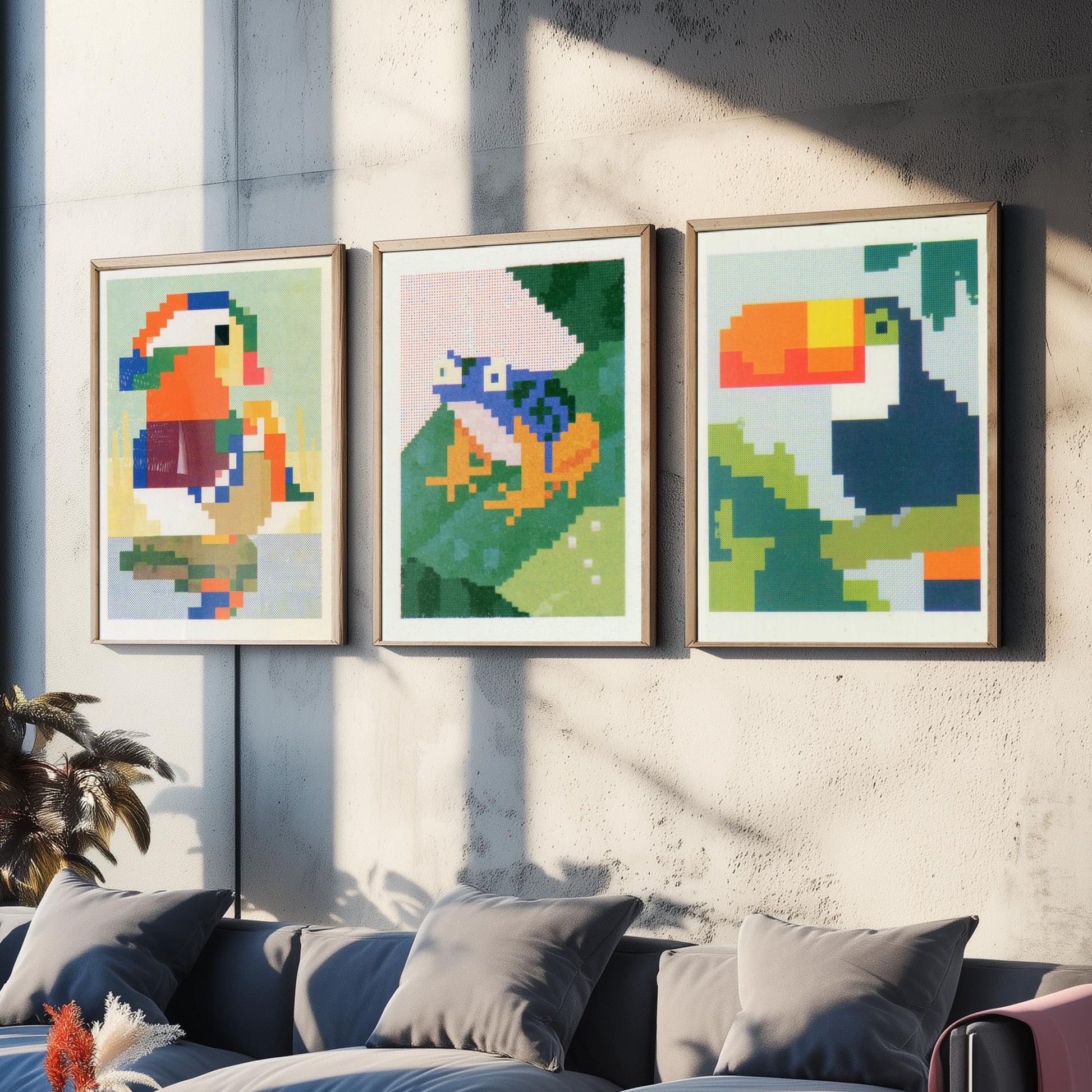 Pixel Animals Set of Three Art Prints - Mandarin Duck, Poison Dart Frog, Toucan - Pixel Art Poster Wall Art Gift Illustration